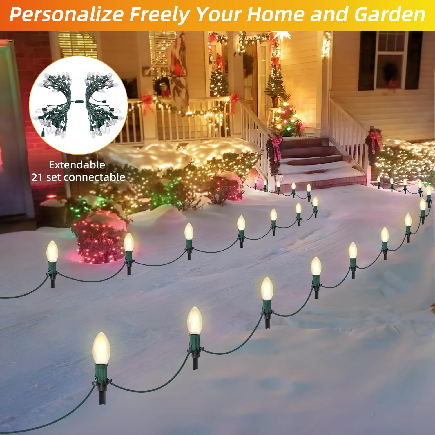 USOKYO C9 LED Christmas Pathway Lights, 45Ft, 30 Warm White Waterproof Bulbs, Connectable for Driveway, Yard, Lawn Decorations