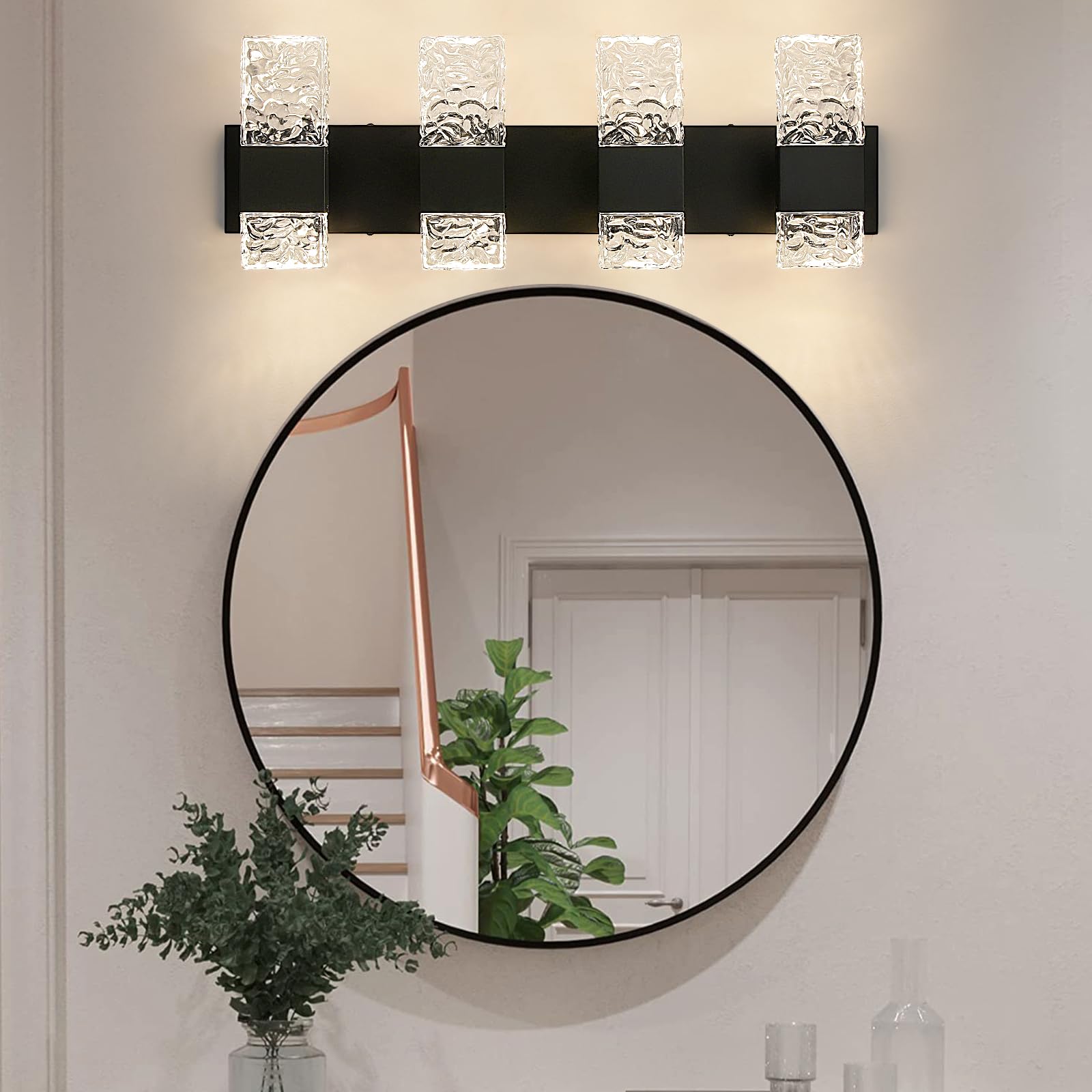 Epinl Black Bathroom Vanity Light Fixtures Bathroom Light Fixtures Over Mirror 4-Light 4000K Led Crystal Wall Sconces Modern 40W Brushed Hardwired Wall Lights For Bathroom Bedroom Living Room