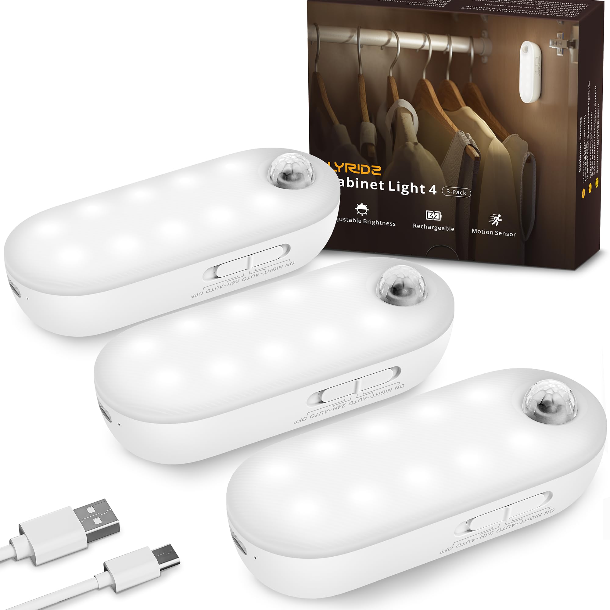 Lyridz Rechargeable LED Closet Light, Stick on Motion Sensor Light Indoor Battery Operated, 3 Pack Magnetic Dimmable Under Cabin
