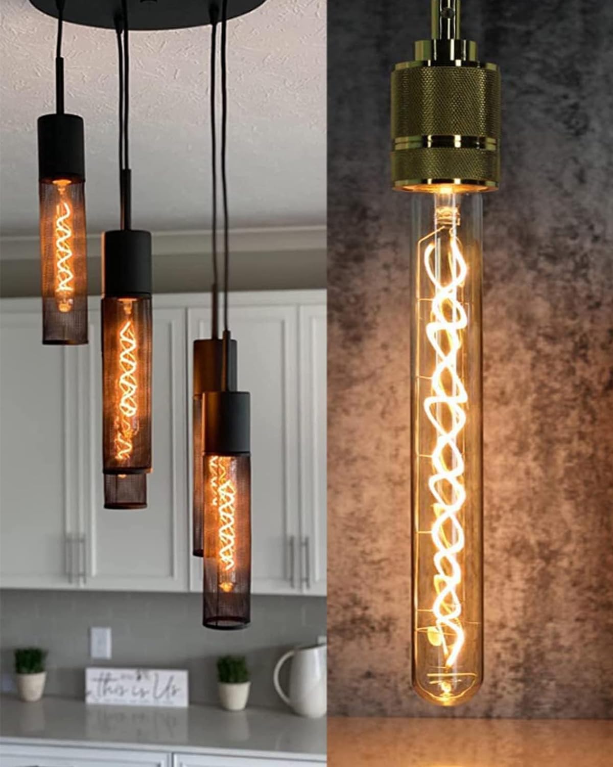 Leools Vintage Led Spiral Filament Bulb T10, 11.8Inch Long Tubular Dimmable Edison Light Bulbs,E26 Base,Amber Glass,Warm White,2