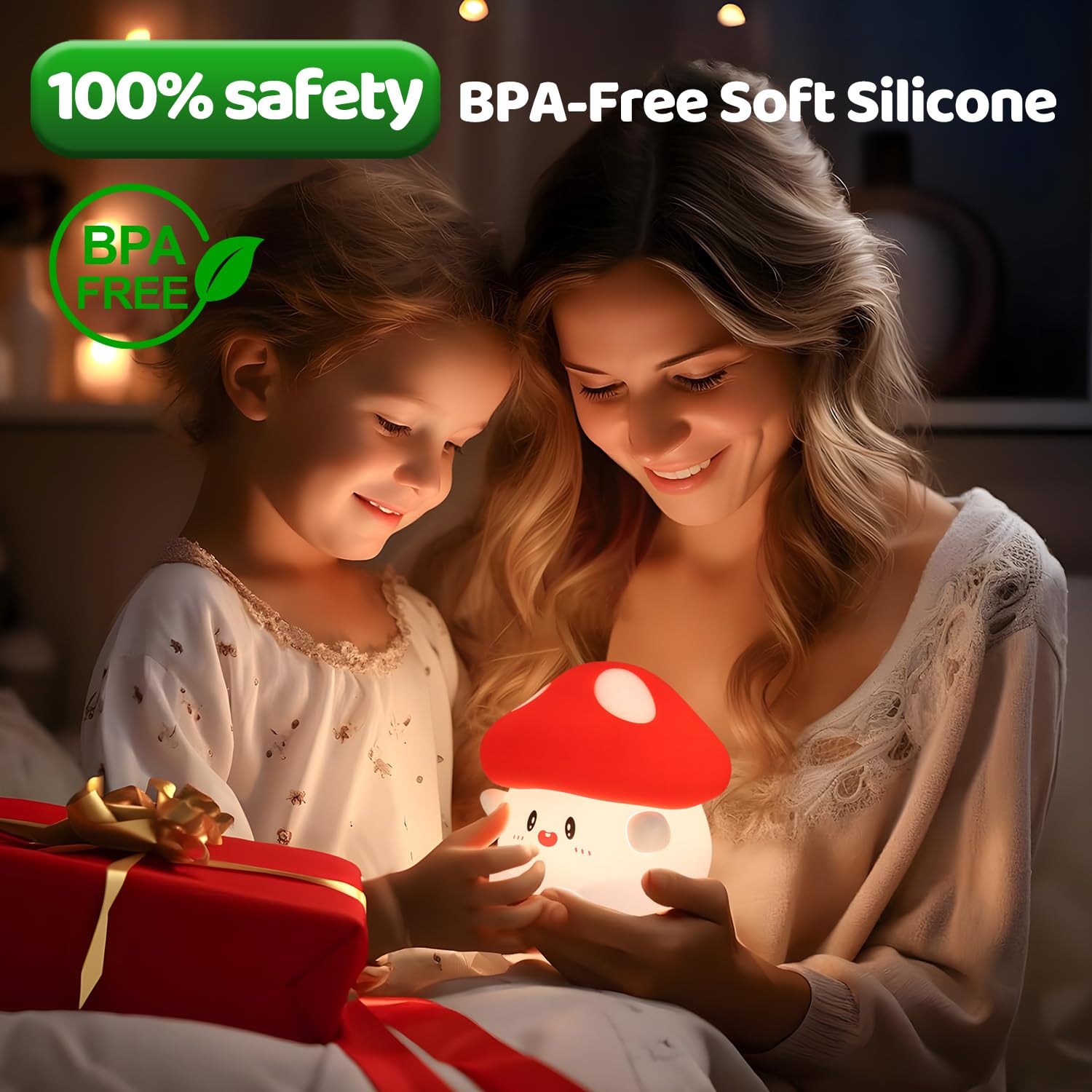 Emmanoth Mushroom Night Light - LED Silicone Touch Lamp, Rechargeable, Dimmable, White/Red, Nursery Decor, Model: Emmanoth-CA-NL-Mushroom