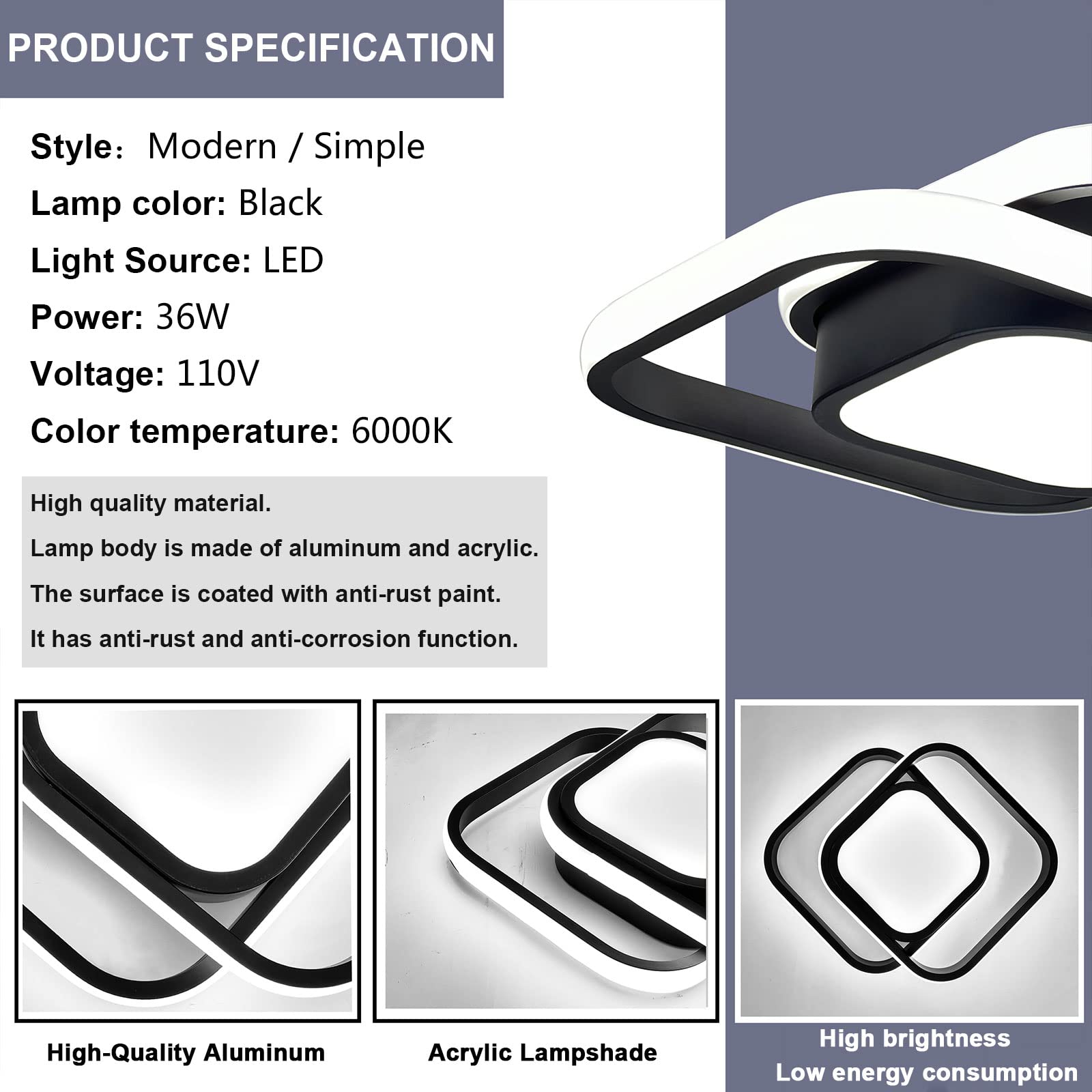 Caneoe Small Modern Led Ceiling Light Black Acrylic 6000K For Bedroom Kitchen Living Room