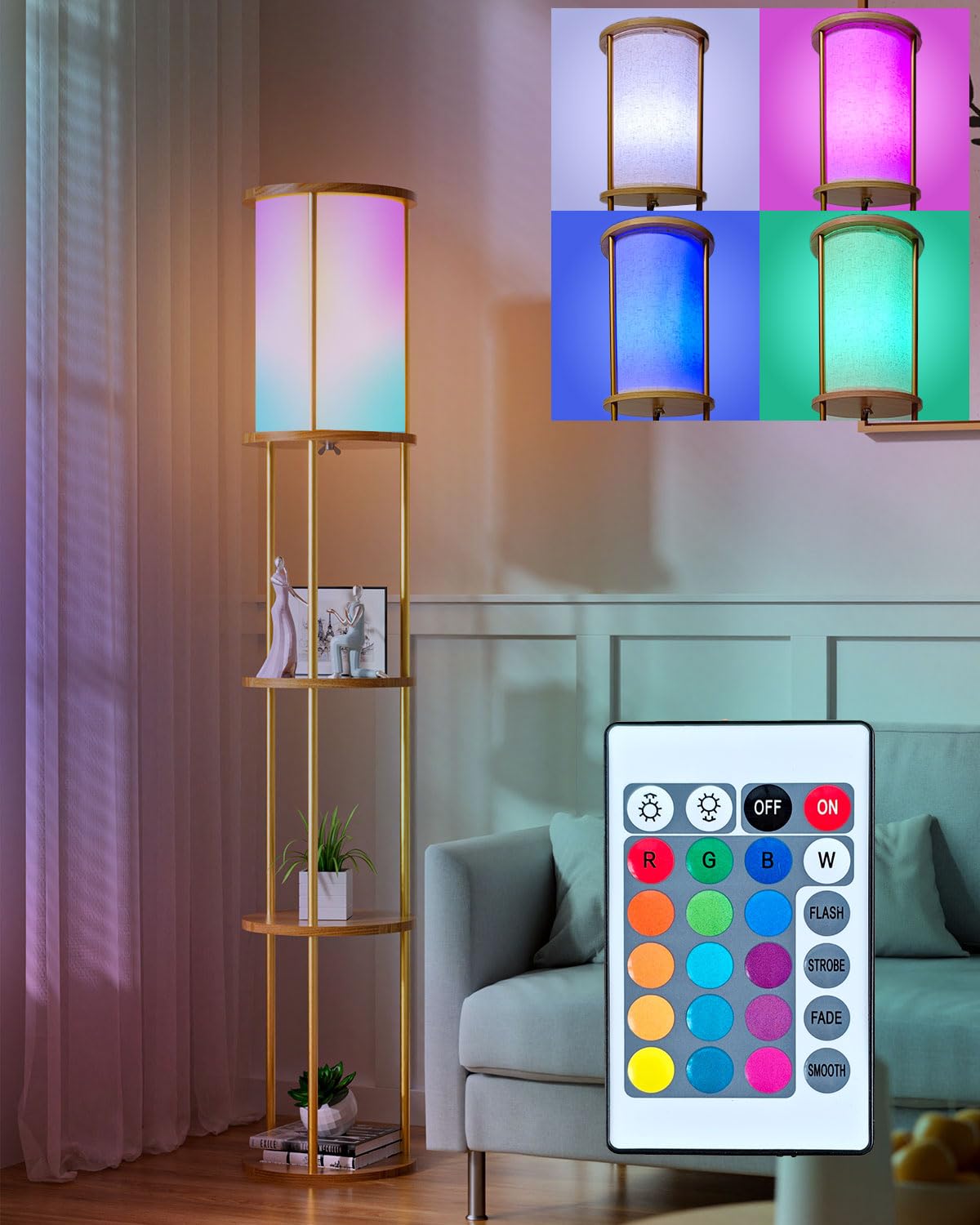 Lightdot 61 RGB Floor Lamp with Shelves - 3-Tier Storage Smart Remote Control Standing Lamp with Fabric Lampshade, E26 Bulb Incl