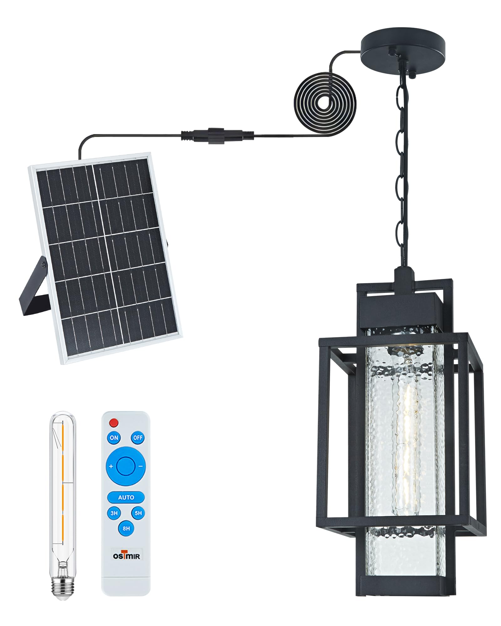 Osimir Solar Outdoor Chandelier, Dusk to Dawn Outdoor Pendant Light with Bubble Glass and Adjustable Chain, Remote Control, Blac