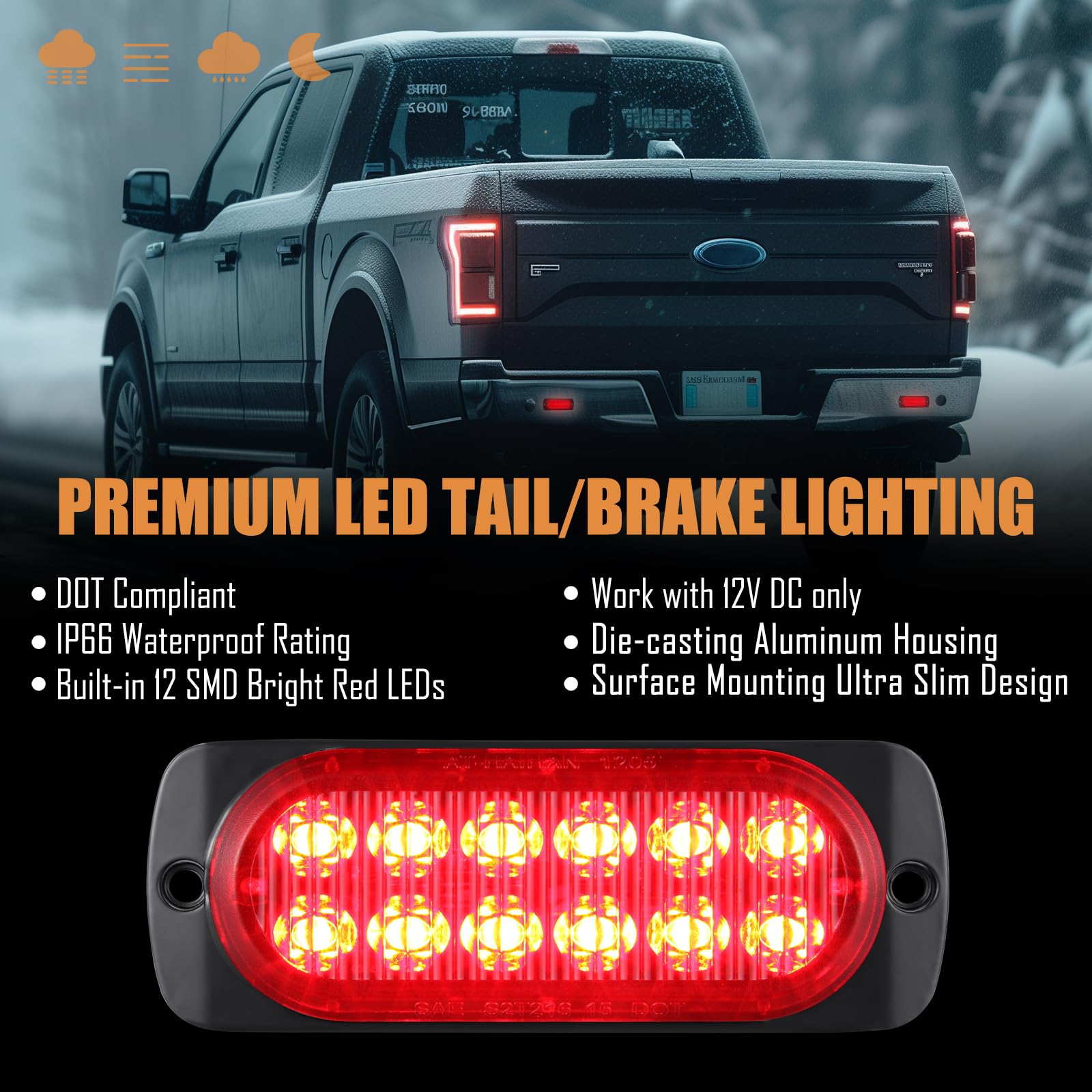 AT-HAIHAN Pack of 2 Red LED Trailer Stop Brake Lights, Waterproof, 4.4 Inch Surface Mount for Truck, Tractor, Jeep, RV