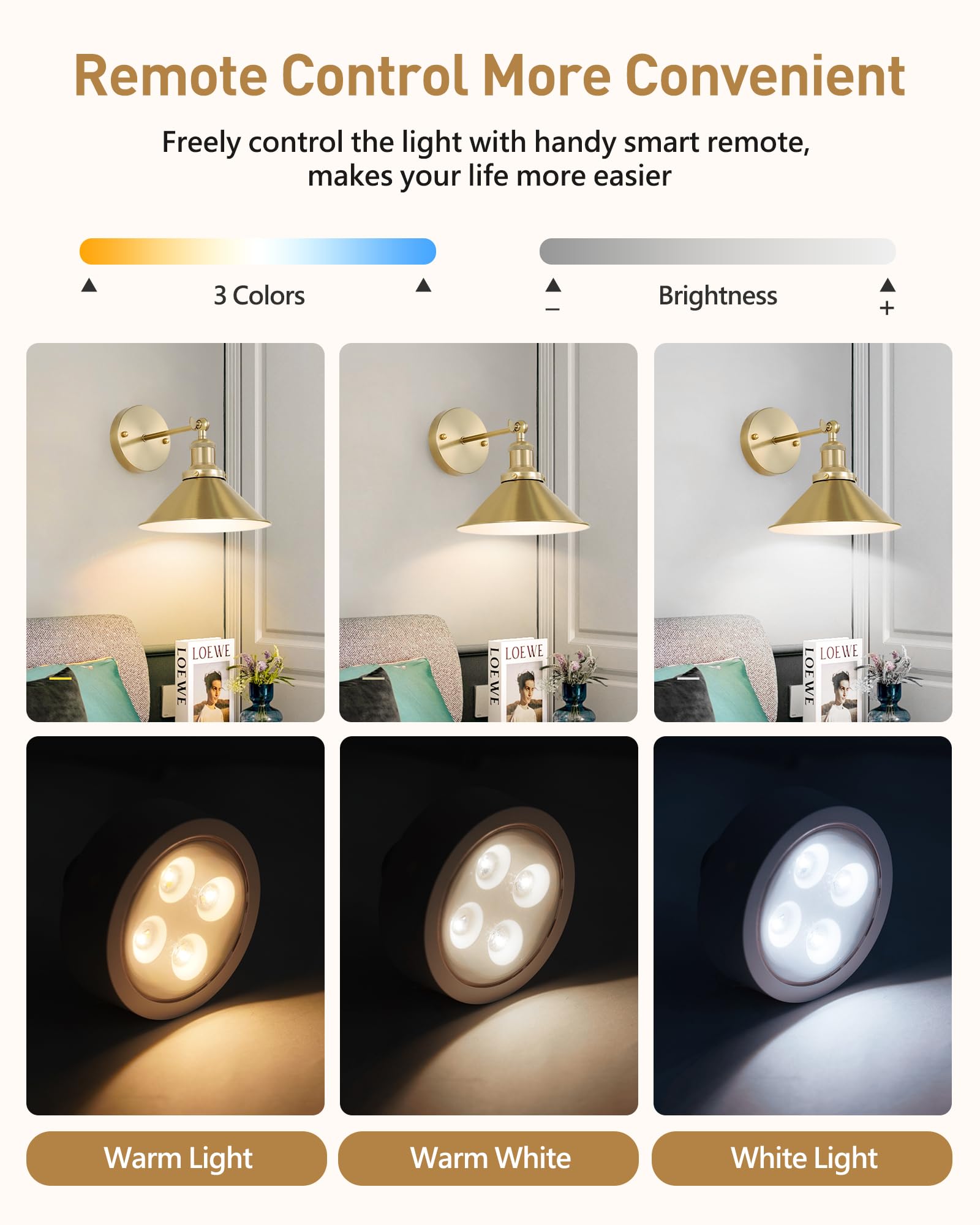 Bailoch Gold Vintage Wireless Wall Sconces, Battery Operated LED Lights Set of 2, Indoor Lamp with Remote Control, Model BLWS001G2