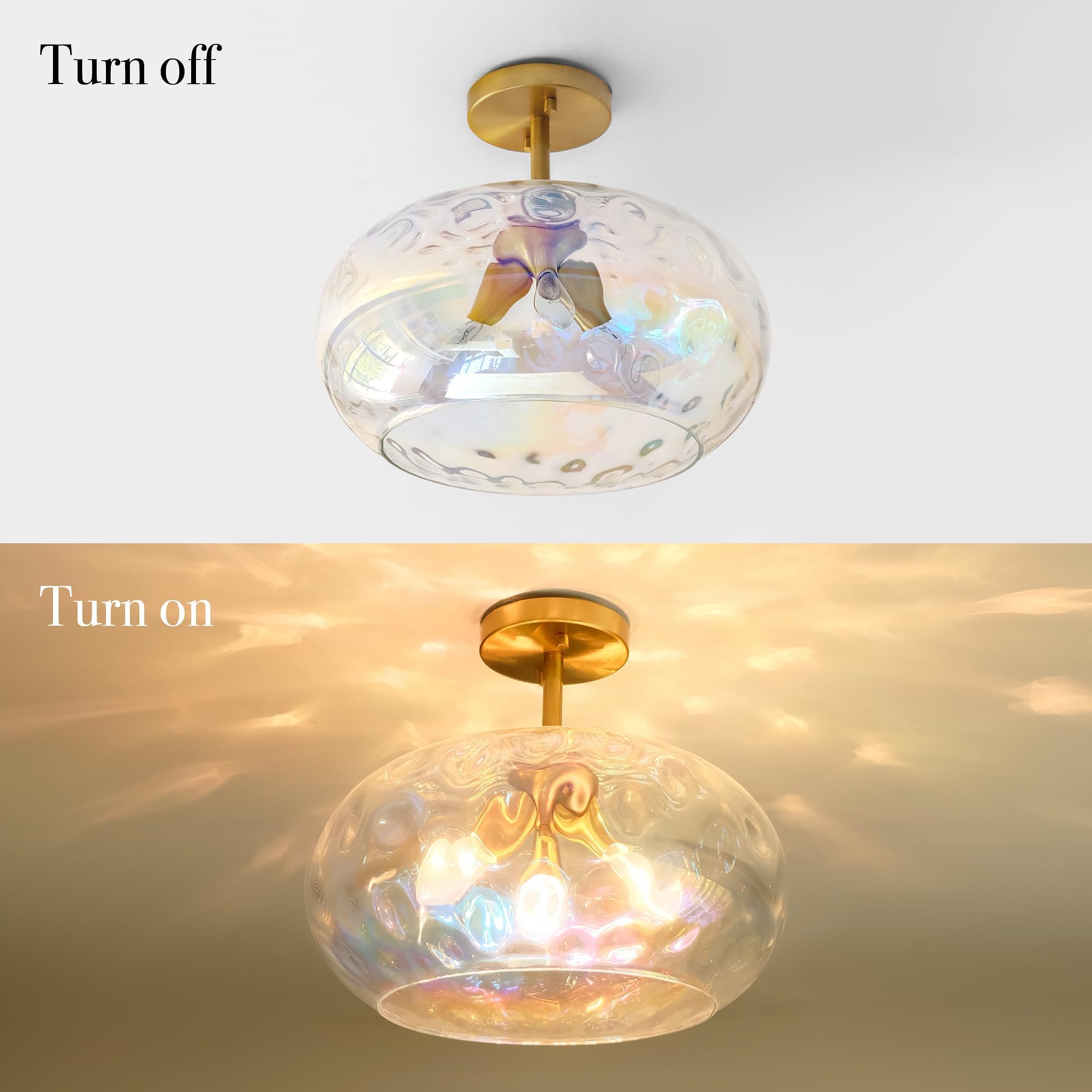 Wrlmfy Brass Gold Semi Flush Mount Ceiling Fixture Large Hammered Glass Shade Modern Close to Ceiling Light 14 Art Lampshade for