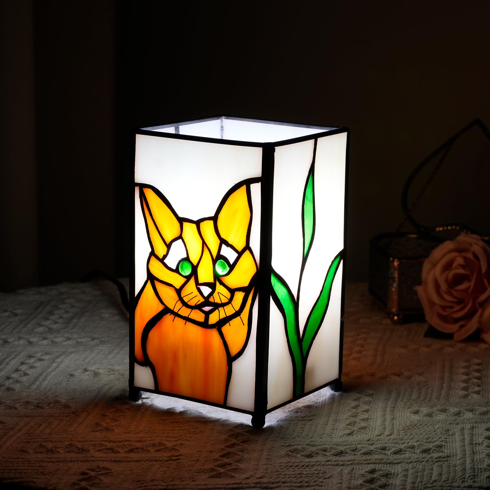 Kiphepi Tiffany Lamp Stained Glass Lamp Small Bedside Table Lamps For Living Room Home Decor Girls Women Birthday Christmas Thanksgiving Day Gift Cat