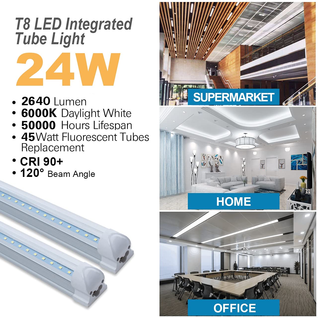 Signmark T8 4FT LED Tube Light Fixture, 24W with ON/Off Switch, Pack of 12, 6000K Super White, Clear Cover, Indoor Connectable