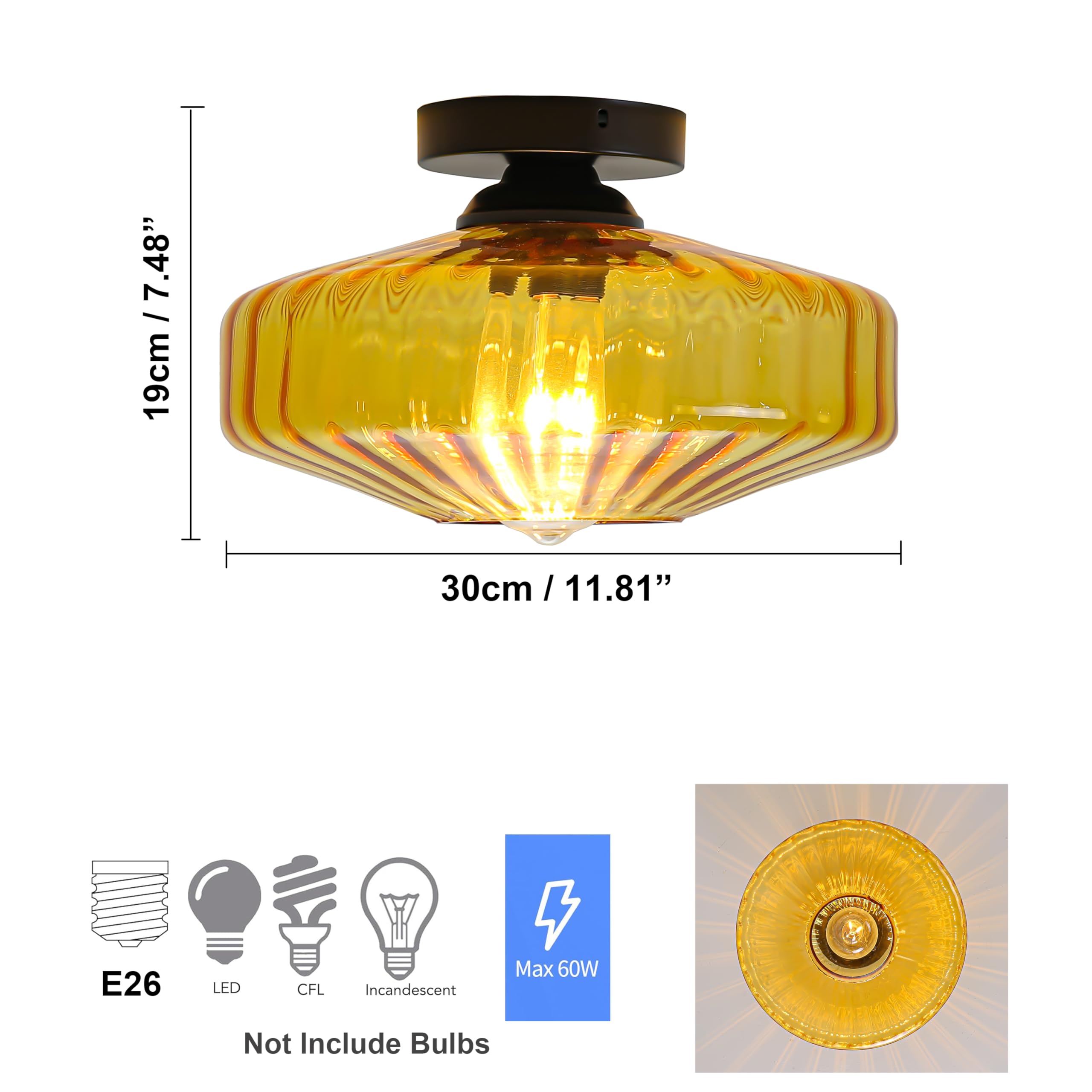 Fctwaks Semi Flush Mount Ceiling Light, 11.8'' Mid Century Modern 1-Light Close To Ceiling Light Fixtures With Drum Amber Glass