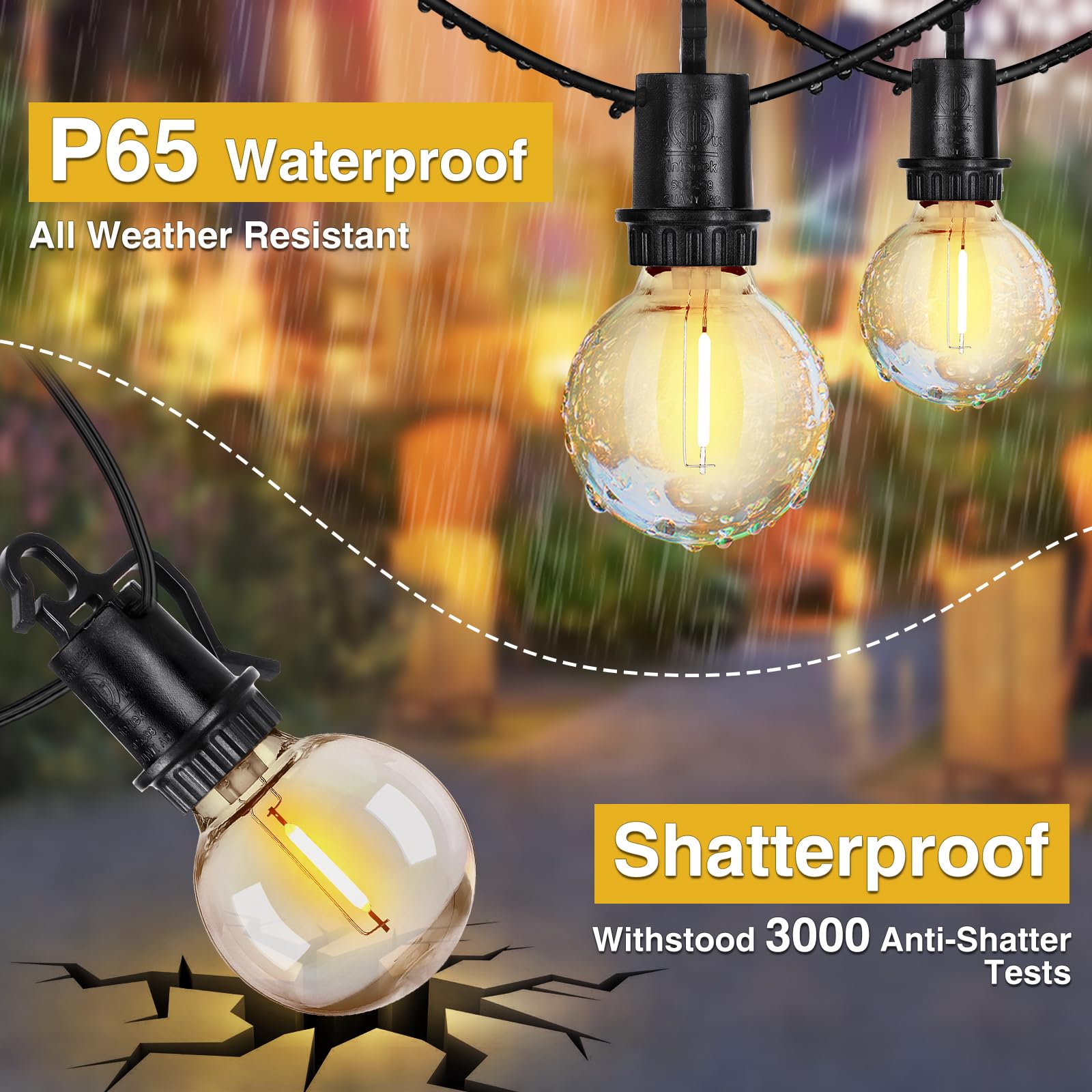 ZJOJO Outdoor String Lights, 50FT G40 Globe with 25 Shatterproof LED Bulbs, 2700K, Black, IP65 Waterproof, Model GYPC-O25LA