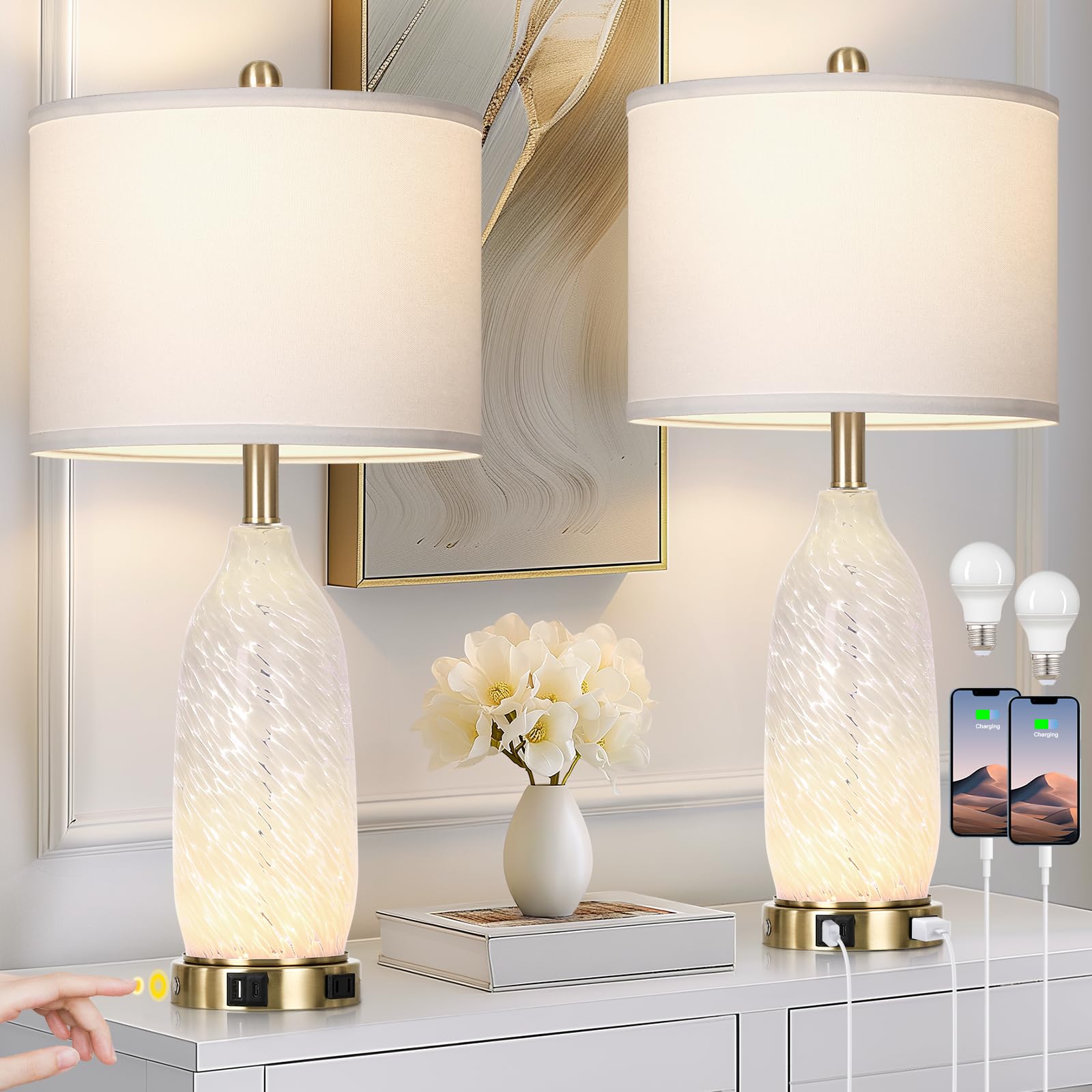 Rinweey 26'' Peacock Green Glass Table Lamps Set of 2,Coastal Nautical Bedside Lamps with USB Ports & AC Outlet,Lamparas Elegant