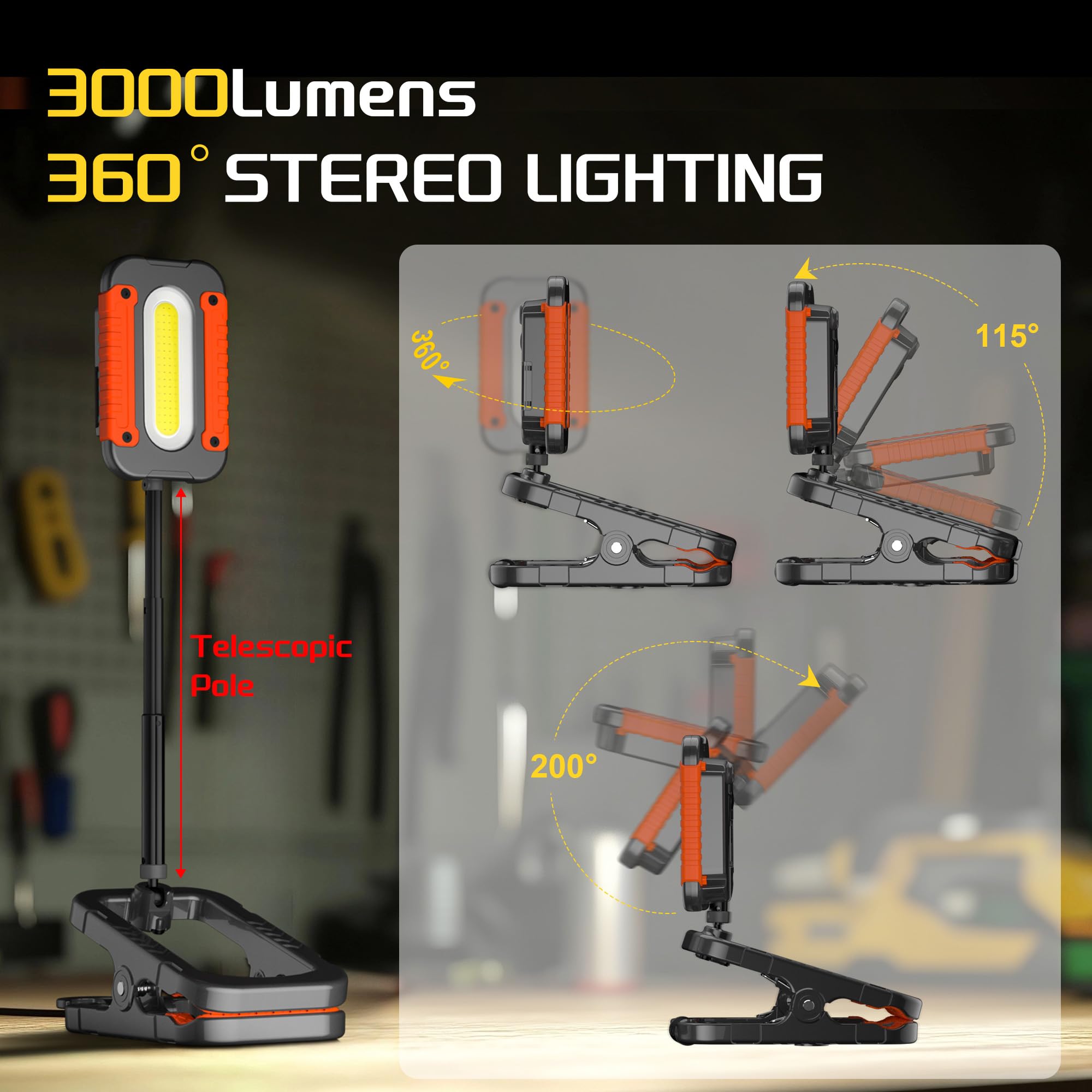 Molrebe Rechargeable Work Light With Clamp, 3000Lm Clip On Lamp With Magnet, Hook, Telescopic Stand, 360? Rotatable Portable Led