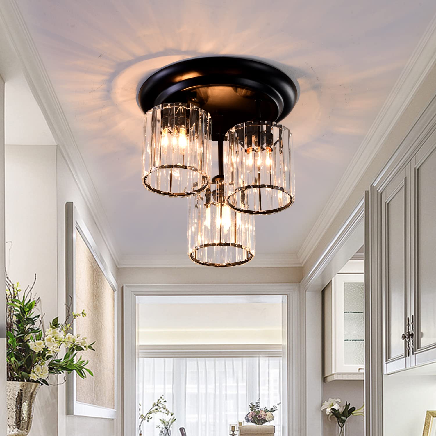 TISLYCO 3-Light Semi Flush Mount Ceiling Light 11.8in Black Crystal Chandelier for Living Room, Kitchen, Bedroom, Hallway