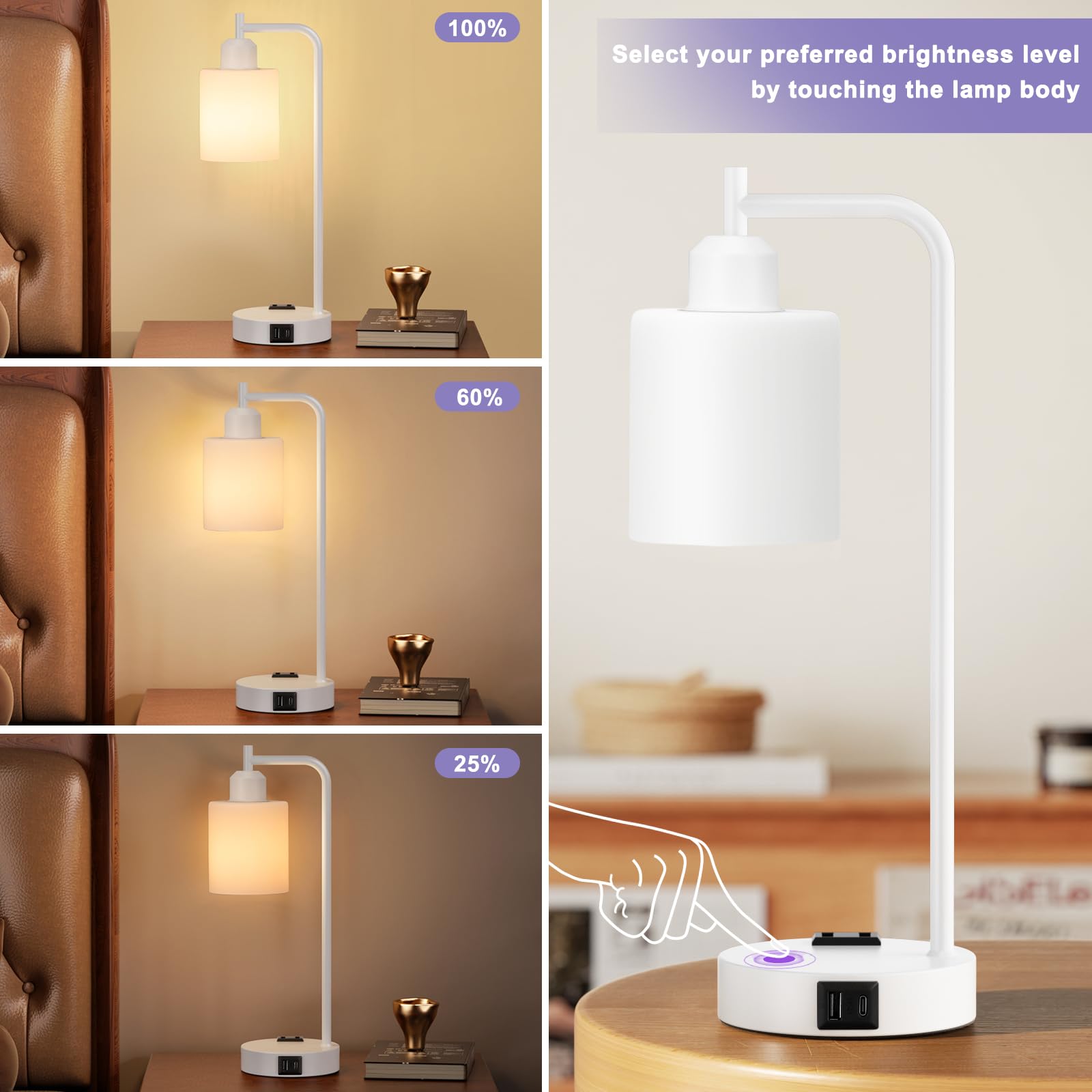 Innqoo Industrial Table Lamps Set of 2, 3-Way Dimmable, USB C+A Ports, White Base & Opal Shade for Bedrooms and Living Room