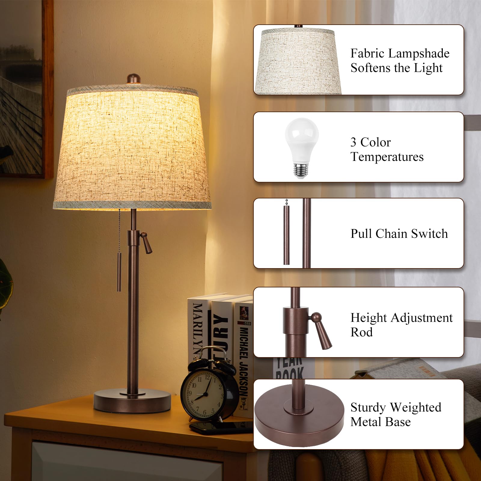 Table Lamps Set Of 2, 22" To 30"Adjustable Height Bedside Lamps For Living Room 3 Color Temperatures Tall Nightstand Lamps Modern Brown Table Lamp For Bedroom Office End Table (Bulbs Included)