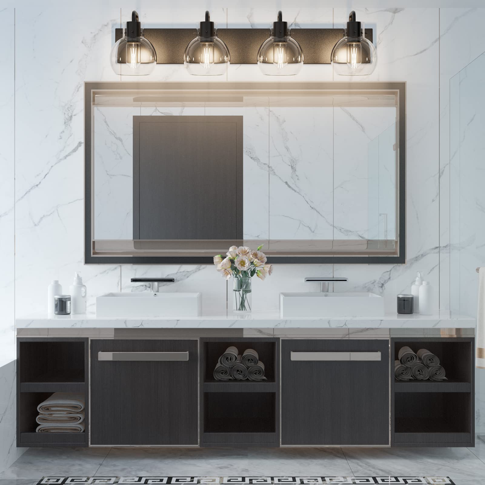 Tipace Black 4-Light Industrial Bathroom Vanity Light Fixture With Glass Globe - Vintage Farmhouse Design