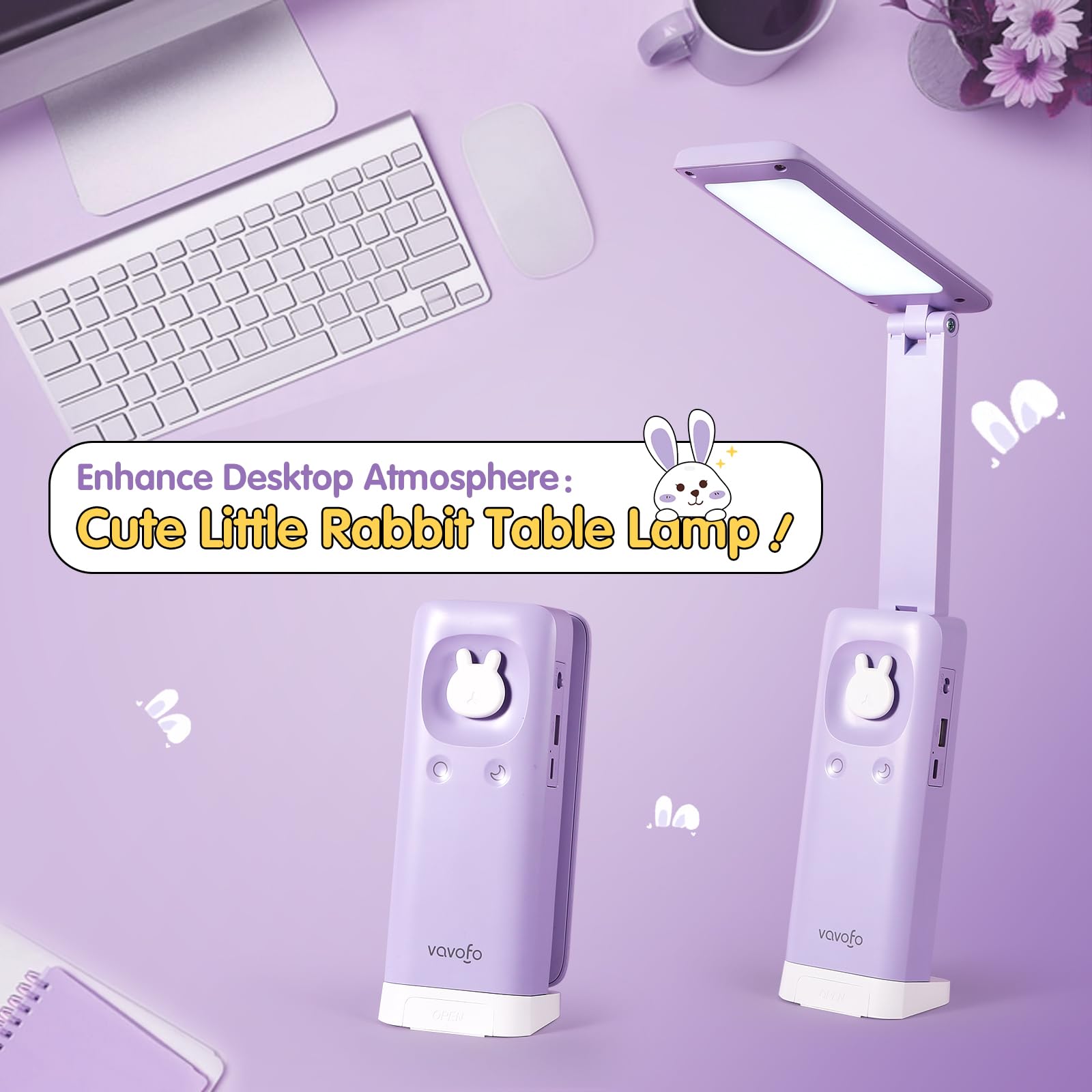 VAVOFO Rechargeable Foldable Lamp, 15 Dimming Modes, 6000mAh Battery, Portable, Plastic, Purple, Model KM-6779A