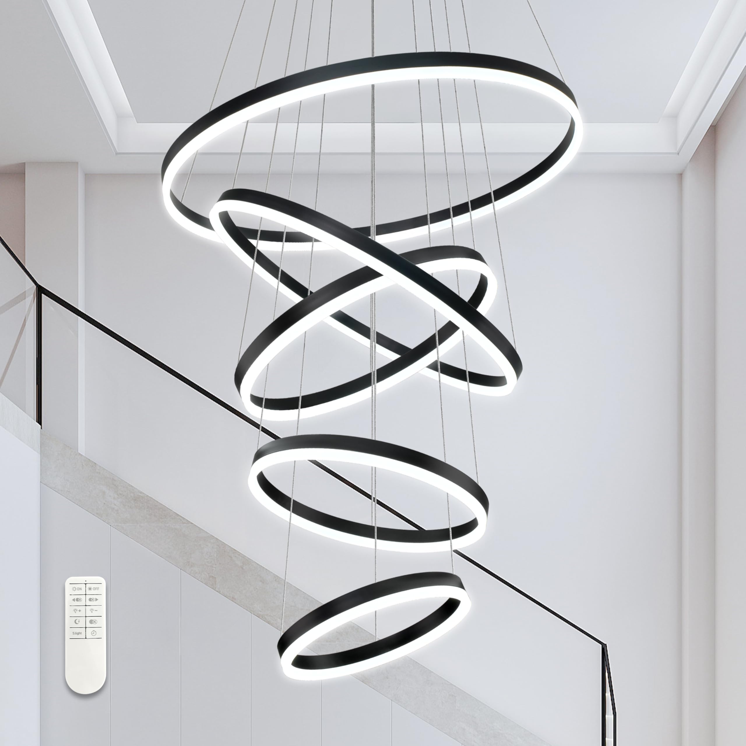 Mccokaige 5 Rings Pendant Lights Modern Black Led Chandelier Black Modern Led Pendant Light Dimmable Height Adjustable Chandelie