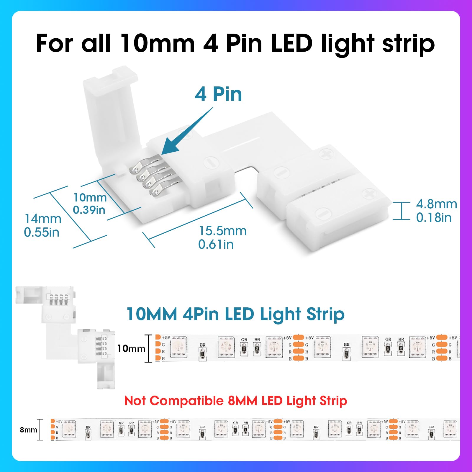 Wenhsin 10-Packs L Shape 4-Pin Led Connectors For Led Strip Lights 10Mm Width Unwired Gapless Solderless Adapter Extension