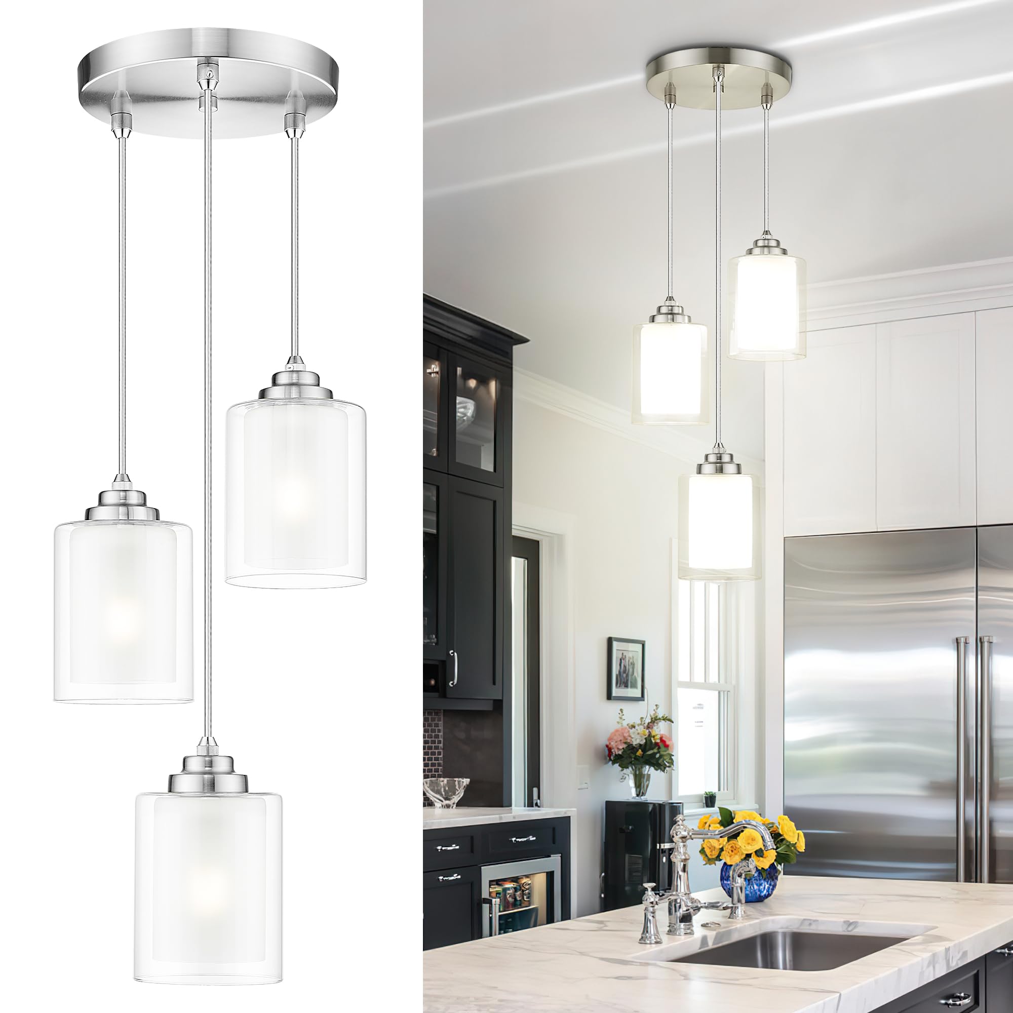 TENGXIN 3 Light Pendant Light,Pendant Lights Kitchen Island,Brushed Nickel Pendant Lights with Dual Glass Shade,Farmhouse Pendan