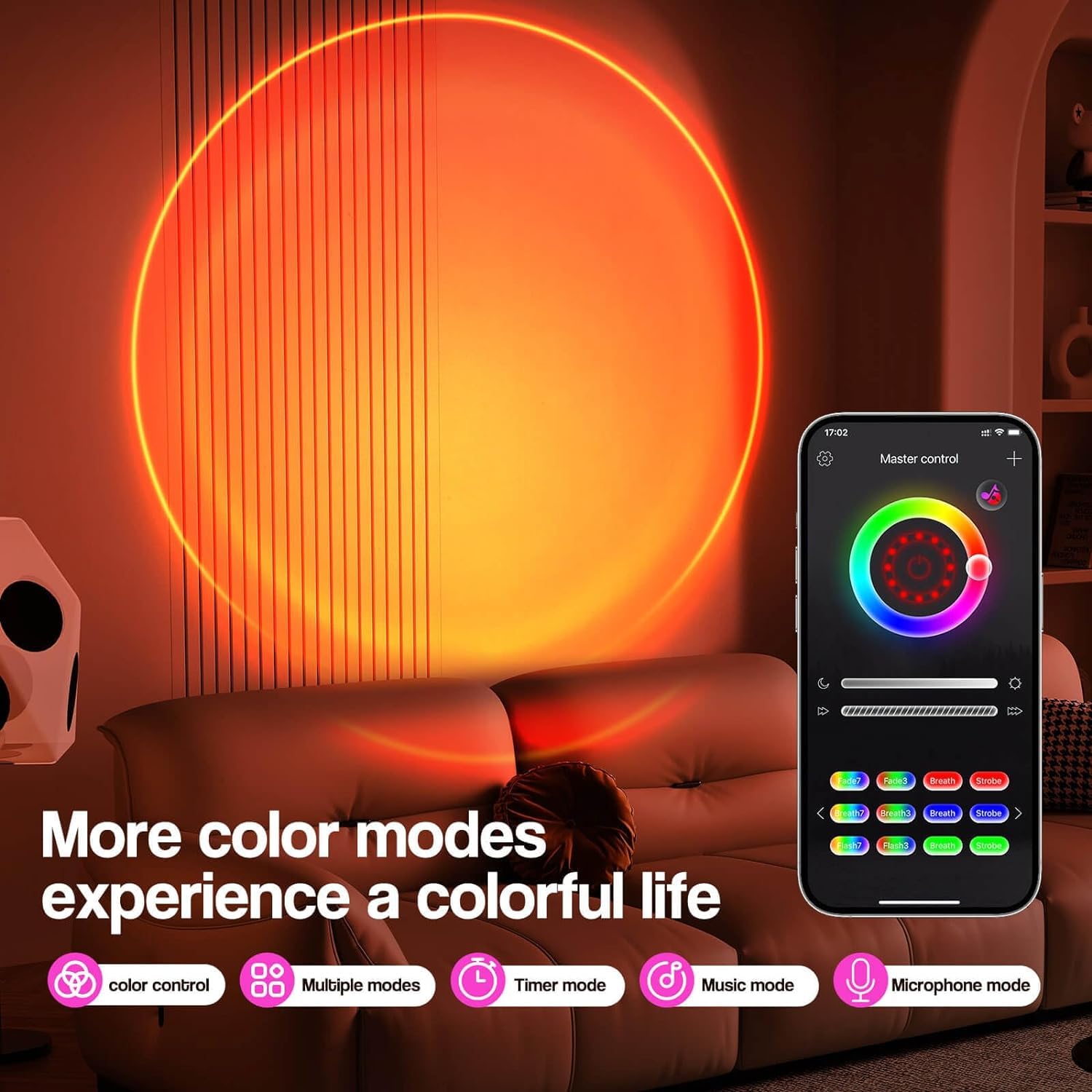 LEKEONE Sunset Lamp Projector - LED, 16 Color APP Control, Aluminum, Model SUN-D, Perfect for Room Photography and Parties