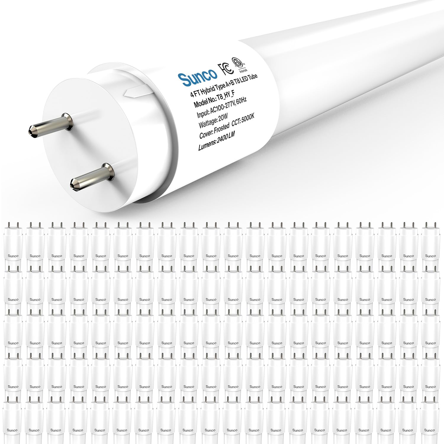 Sunco 100 Pack T8 LED Bulbs 4 Foot, 48 Inch Tube Light Bulbs Fluorescent Replacement, Single or Double Ended Hybrid Type A+B, 24