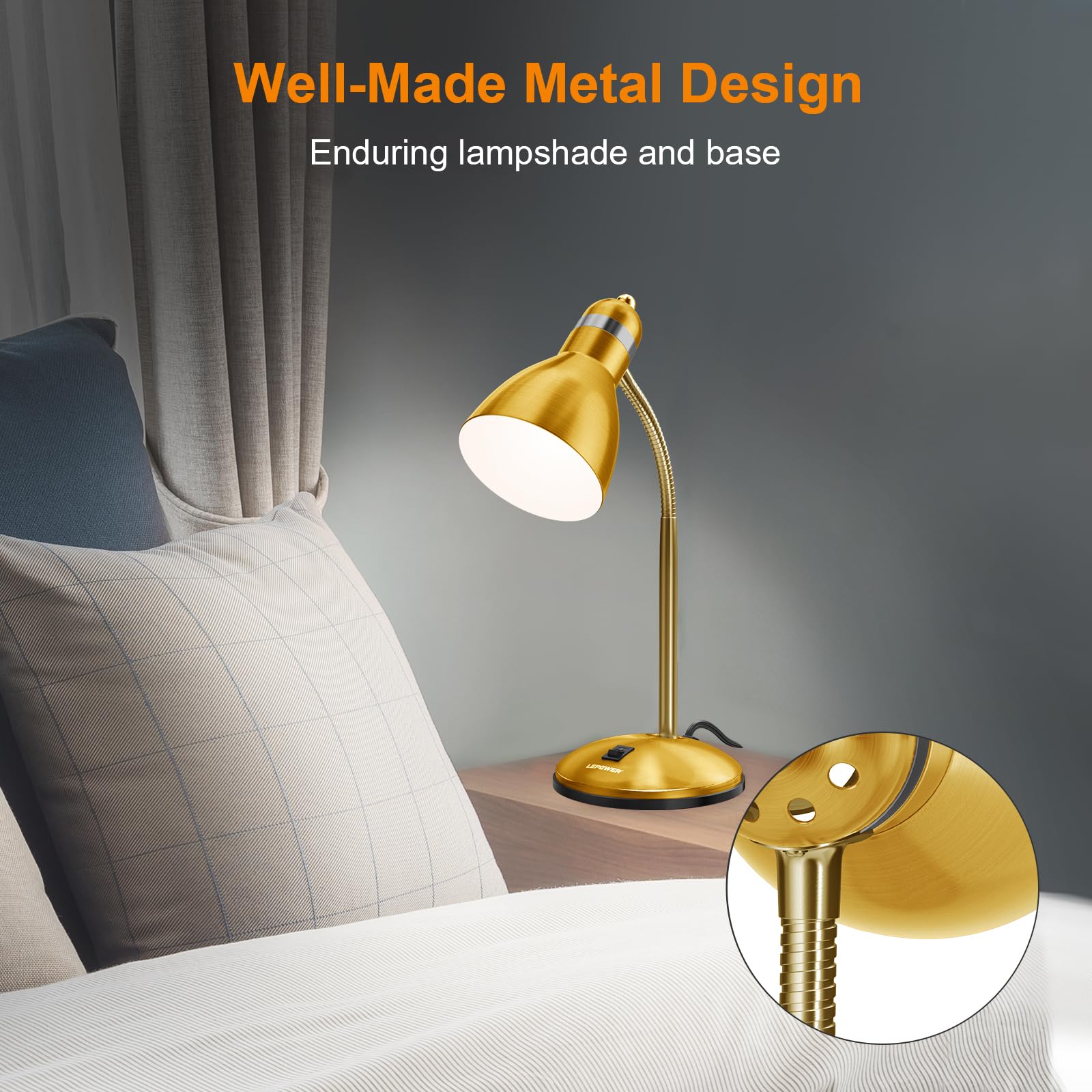 LEPOWER Metal Desk Lamp, Adjustable Goose Neck, Eye-Caring, Gold, Model UT2032 for Bedroom, Study Room, and Office