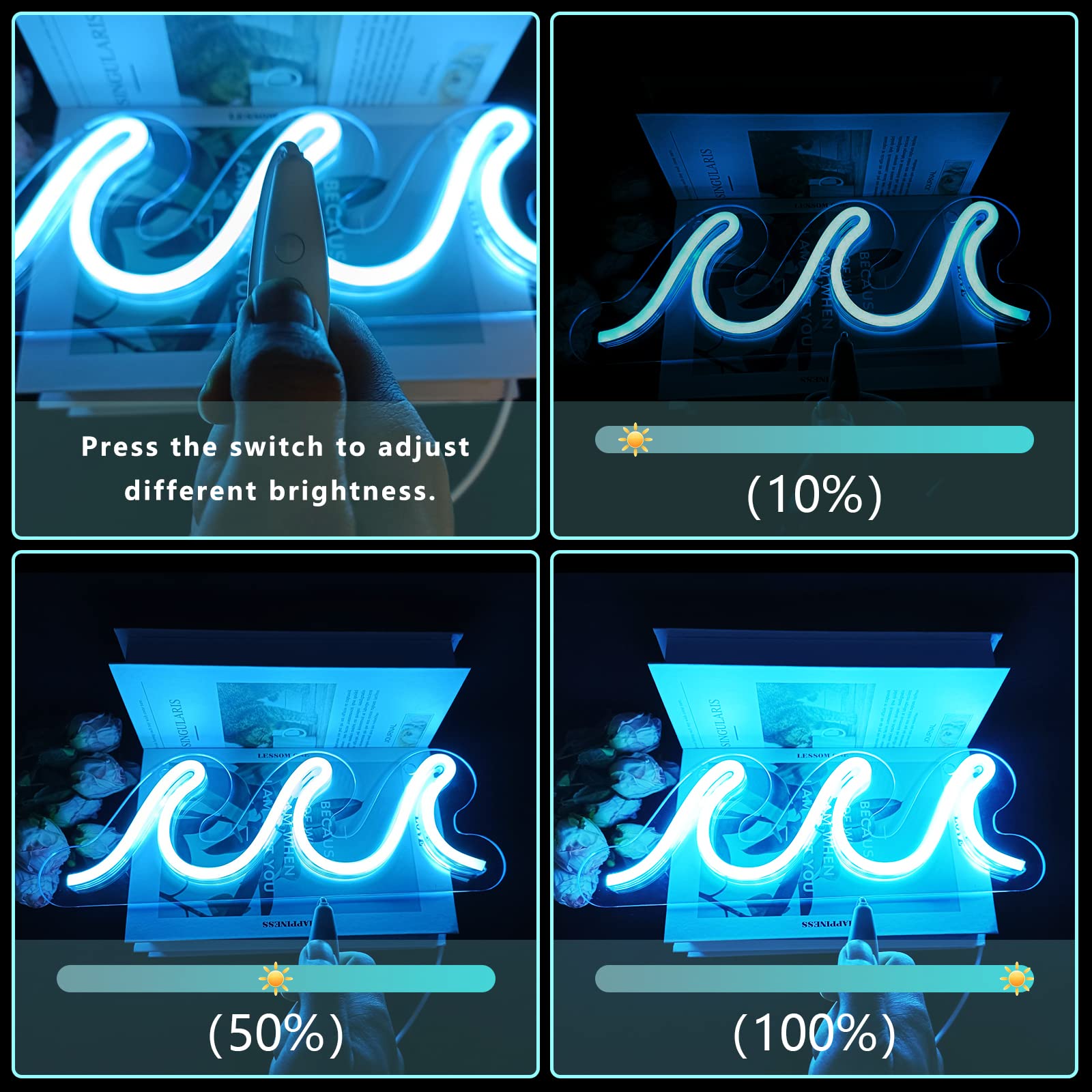 Imegina Wave Ice Blue Led Neon Sign - Usb Powered Wall Decor With Dimmer, 13.7X5 Inch