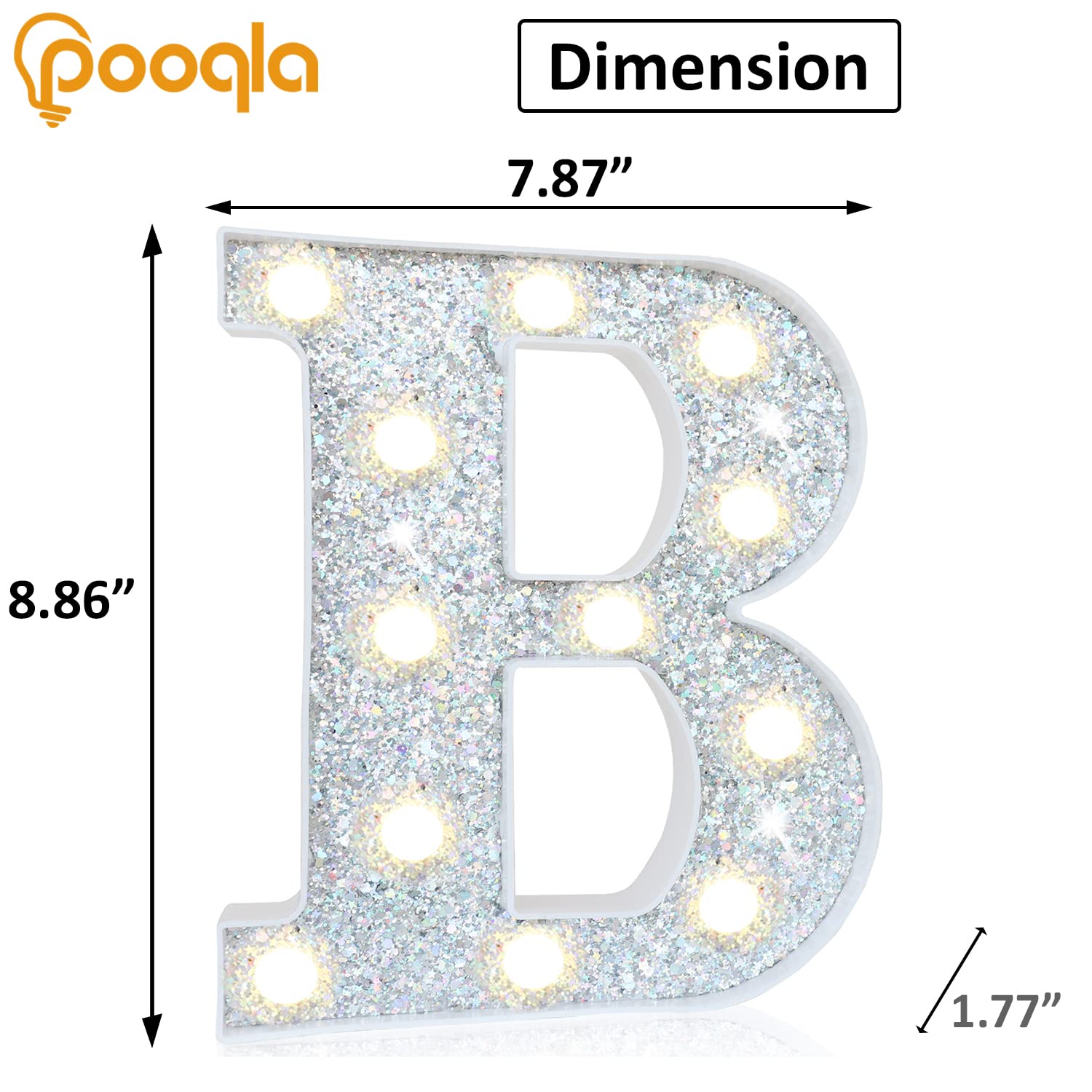 Pooqla LED Marquee Letter Lights, Battery Powered Silver Glitter Sign, Letter B