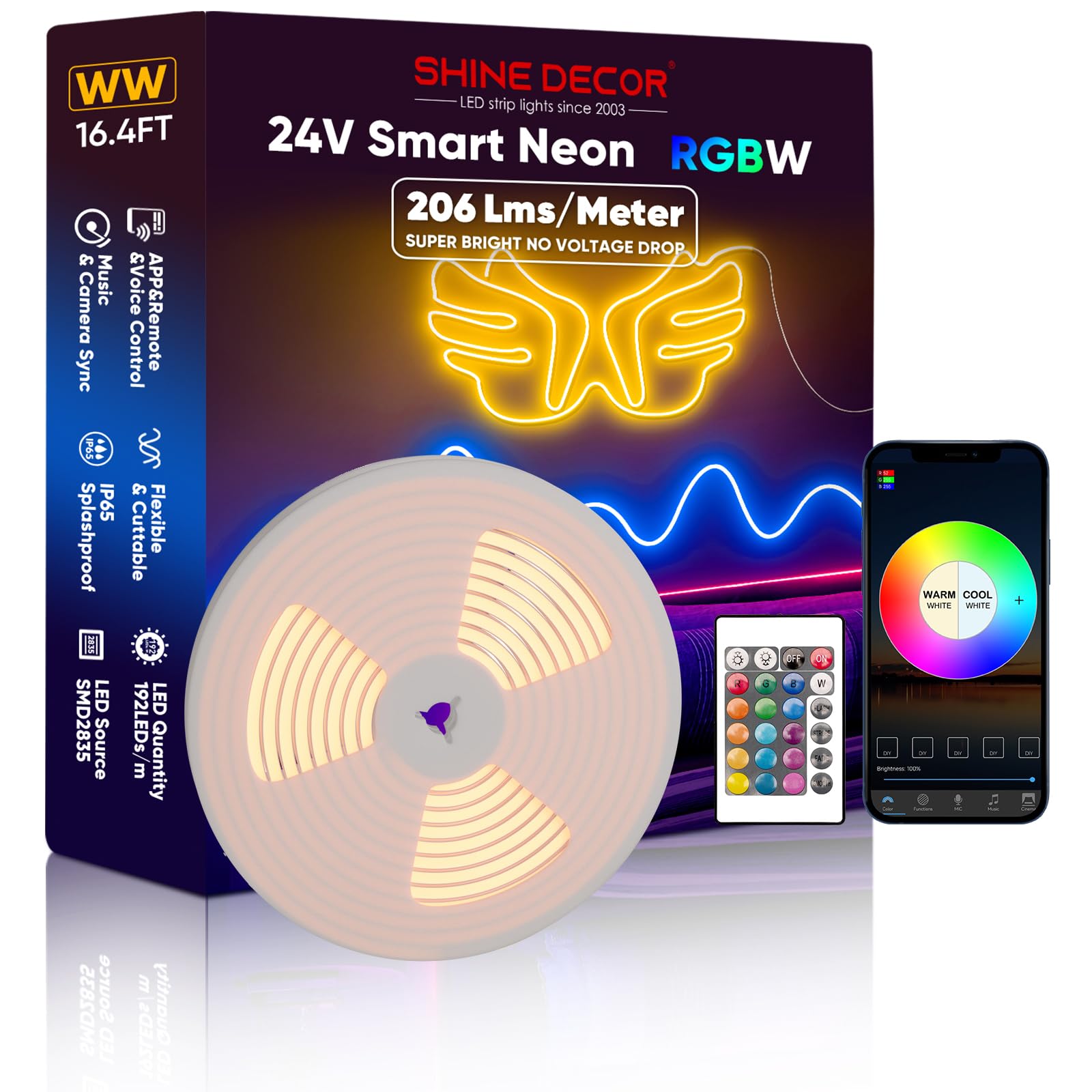 Shine Decor 24V Smart Neon Rope Lights  RGBW Silicone Neon Light Remote APP WiFi Control Music Sync  RGB+Warm White Changing Dimmable LED Neon Band 16.4FT Flexible Waterproof for Indoor Outdoor