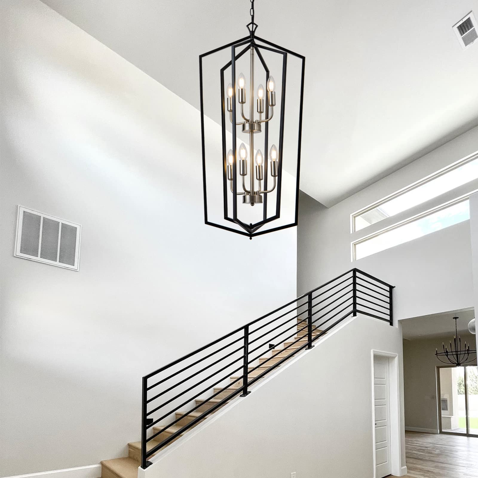 Lanhall 8-Light Metal Lantern Chandelier Pendant Light Fixture for Kitchen, Dining, Living Room - Black & Brushed Nickel, Model 500-100-1050