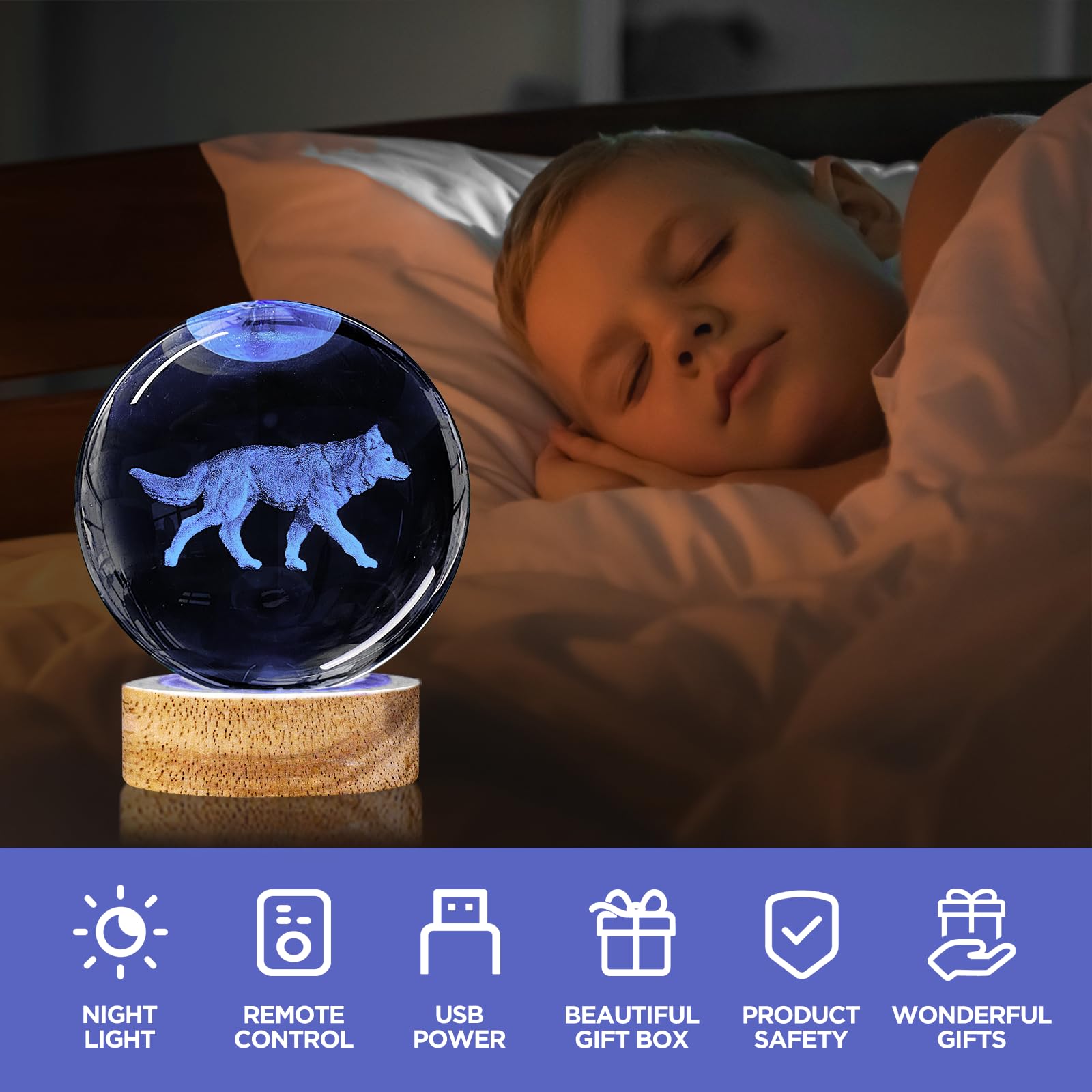 Yylzephb 3D Wolf Crystal Ball Night Light With Woodern Base, 3.15 Wolf Glass Ball Lamp 16 Colors With Remote Control Wolf Figuri