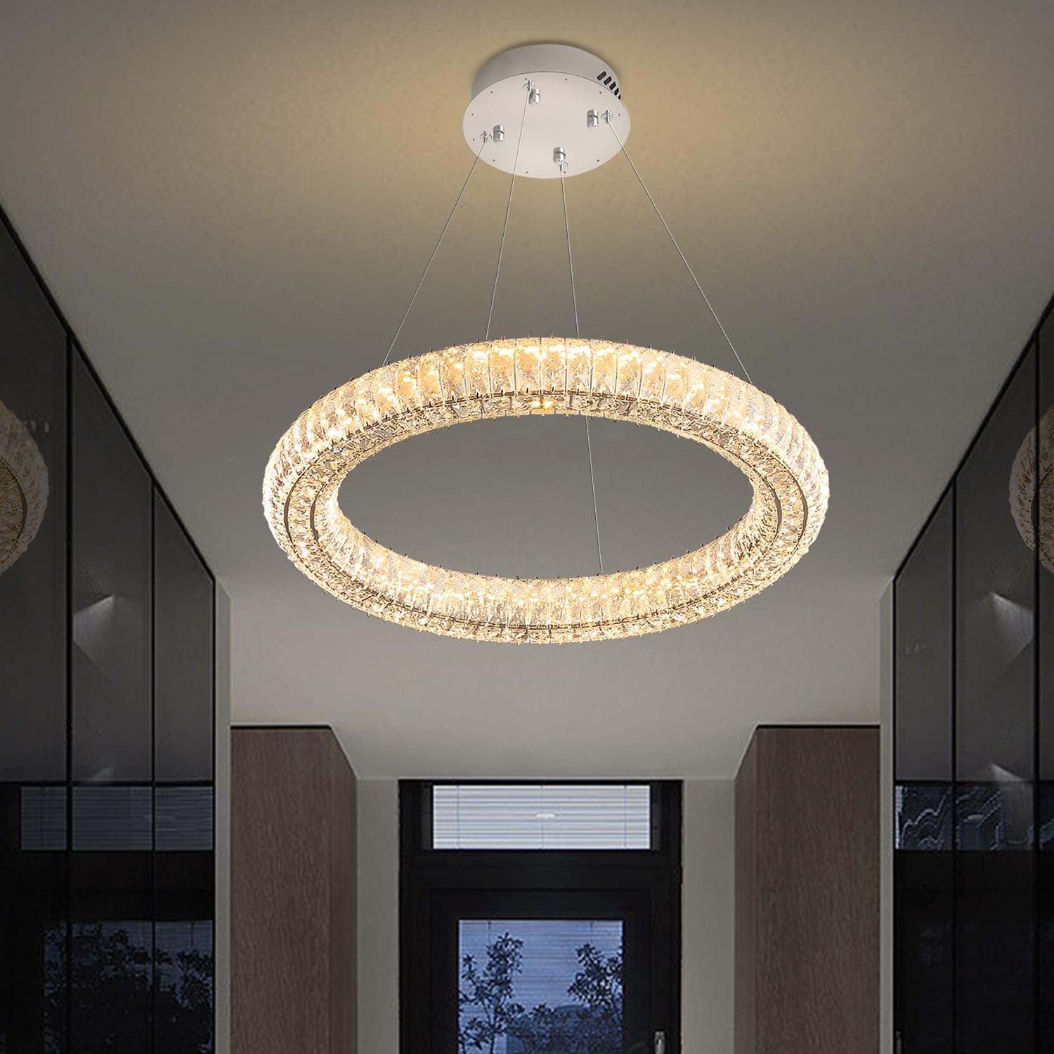 IDEQUY Modern Crystal Chandelier Dimmable LED 23.6'' Ring Pendant Light Adjustable Round Chrome Crystal Chandelier Light Fixture