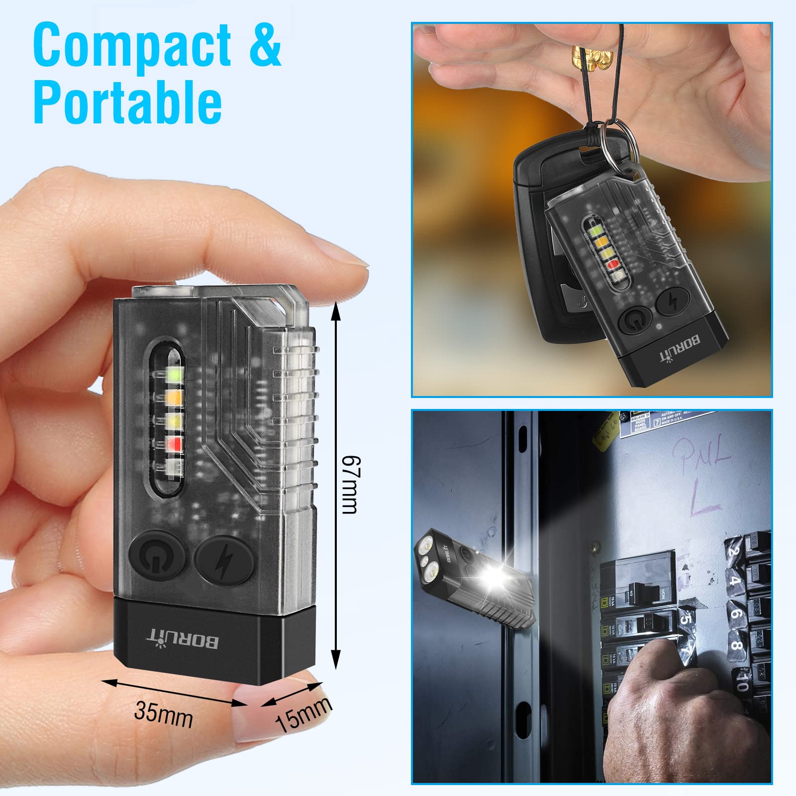 BORUIT V10 Keychain Flashlight, 1000 LM, USB C Rechargeable, 14 Modes, 67x35x15mm, Black, Polycarbonate