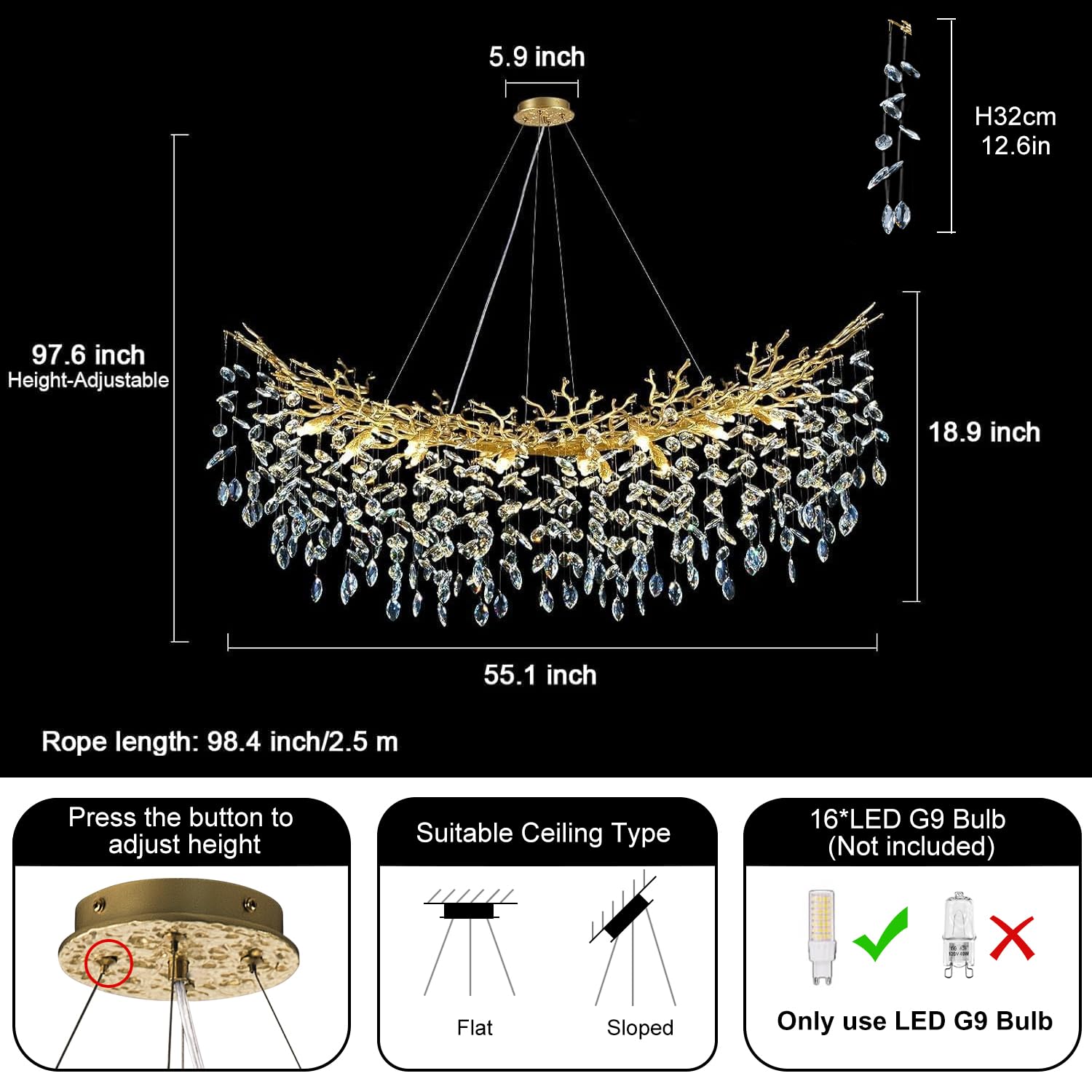 kvtinmty Modern Crystal Gold Chandelier, 55" Rectangular 16-Light Flush Mount for Dining Room, Kitchen Island, Model: crystal chandeliers 06