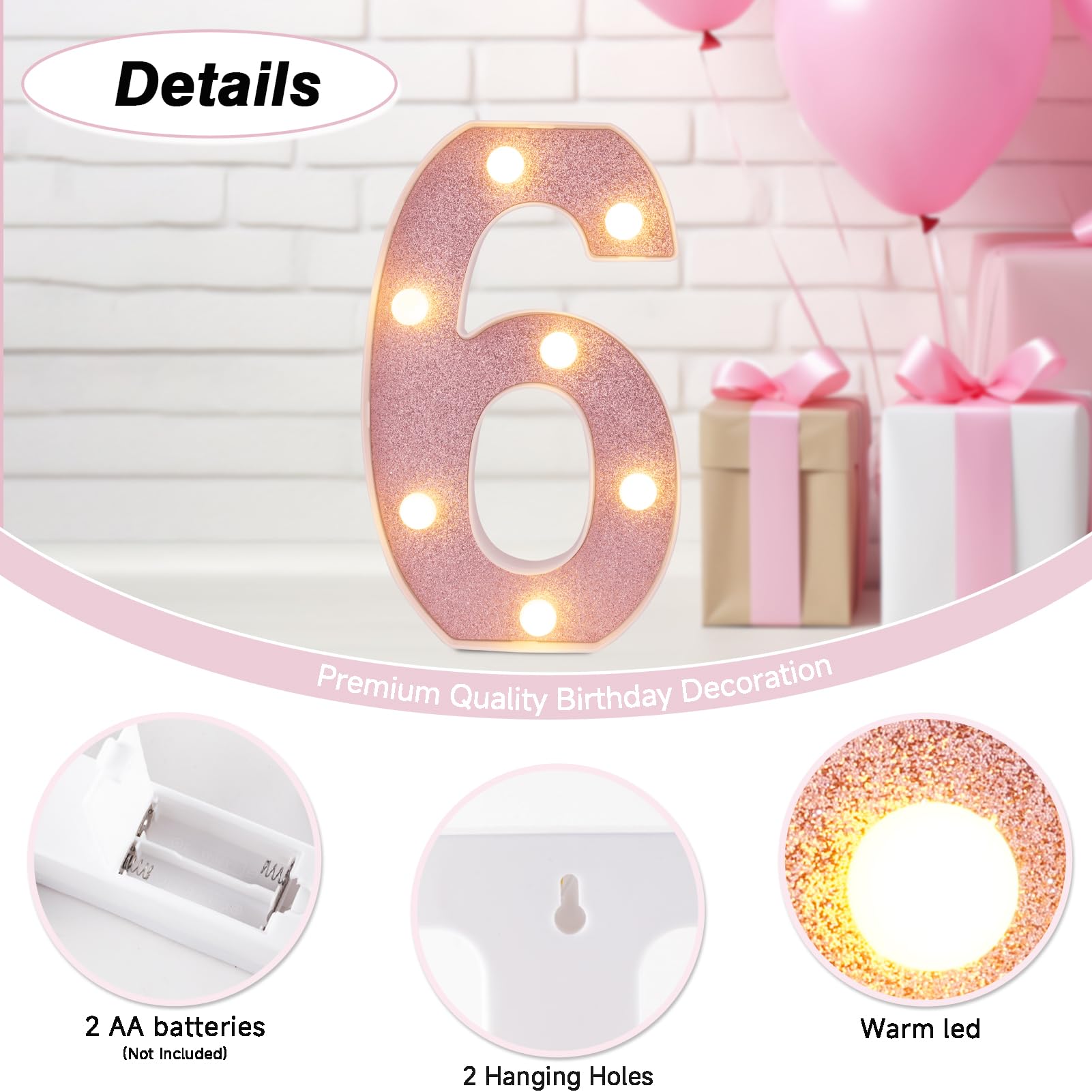 DyingSwan LED Marquee Number Light, Pink Glitter, 8.58 Inch, Battery Powered, Number 6, Plastic Decor