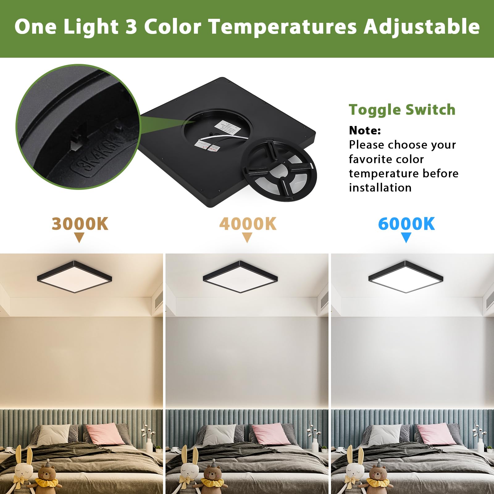 Rezant 12 Inch 24W Led Flush Mount Ceiling Light Fixtures, 3000K/4000K/6000K Adjustable Led Ceiling Light, 2800Lm Bright Flat Square Ceiling Light Fixture For Bedroom, Kitchen, Hallway (Black-6 Pack)