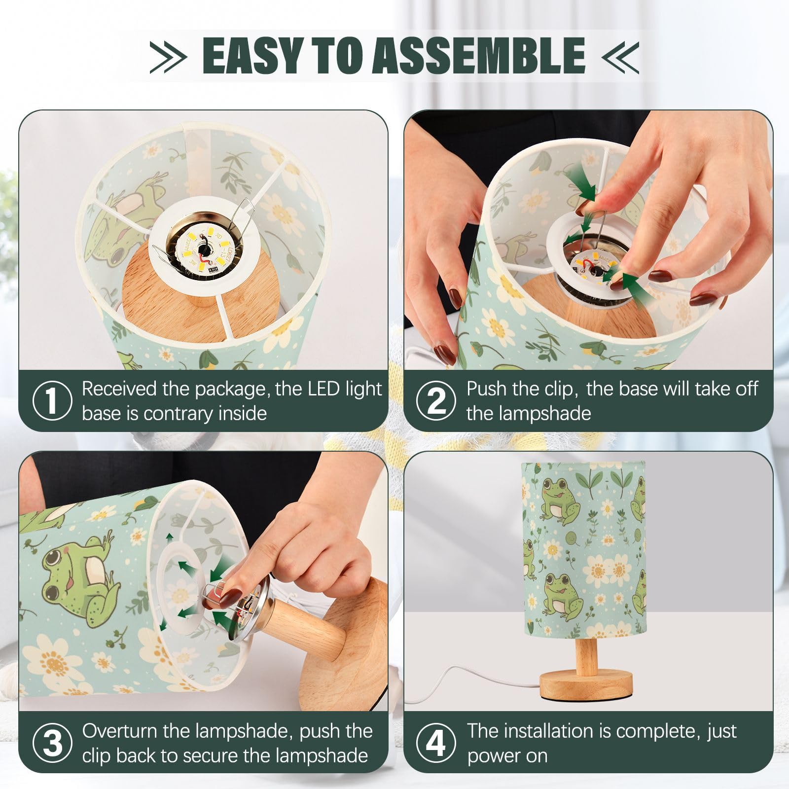 Goodold Cute Kawaii Frogs Led Table Lamp - Modern Minimalist Bedside Lamp With Round Flaxen Fabric Shade For Nightstand, Perfect