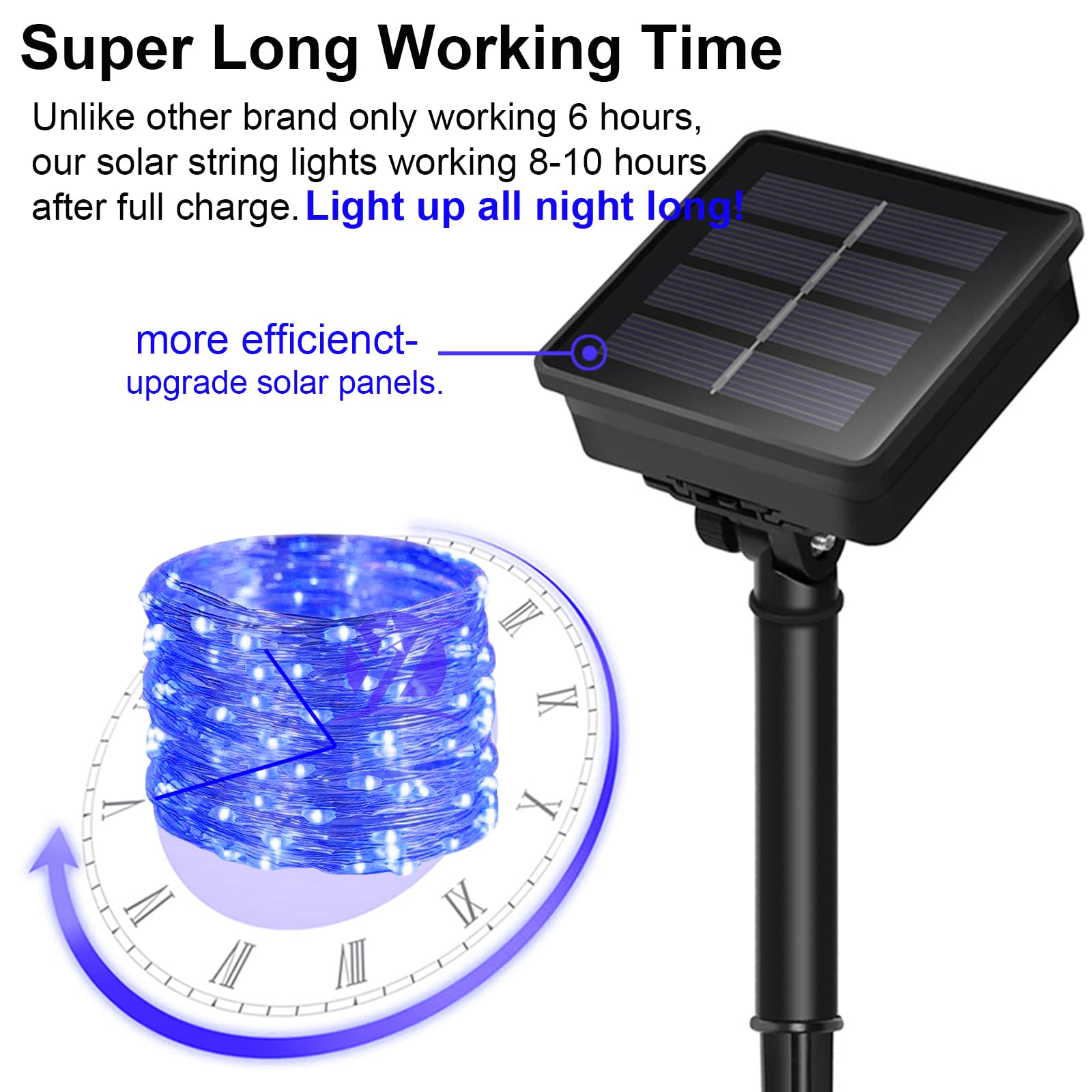 YAOZHOU Solar Christmas String Lights, 200 LED, 66Ft, 8 Modes, Waterproof, Blue, 2 Pack, Model YZ001