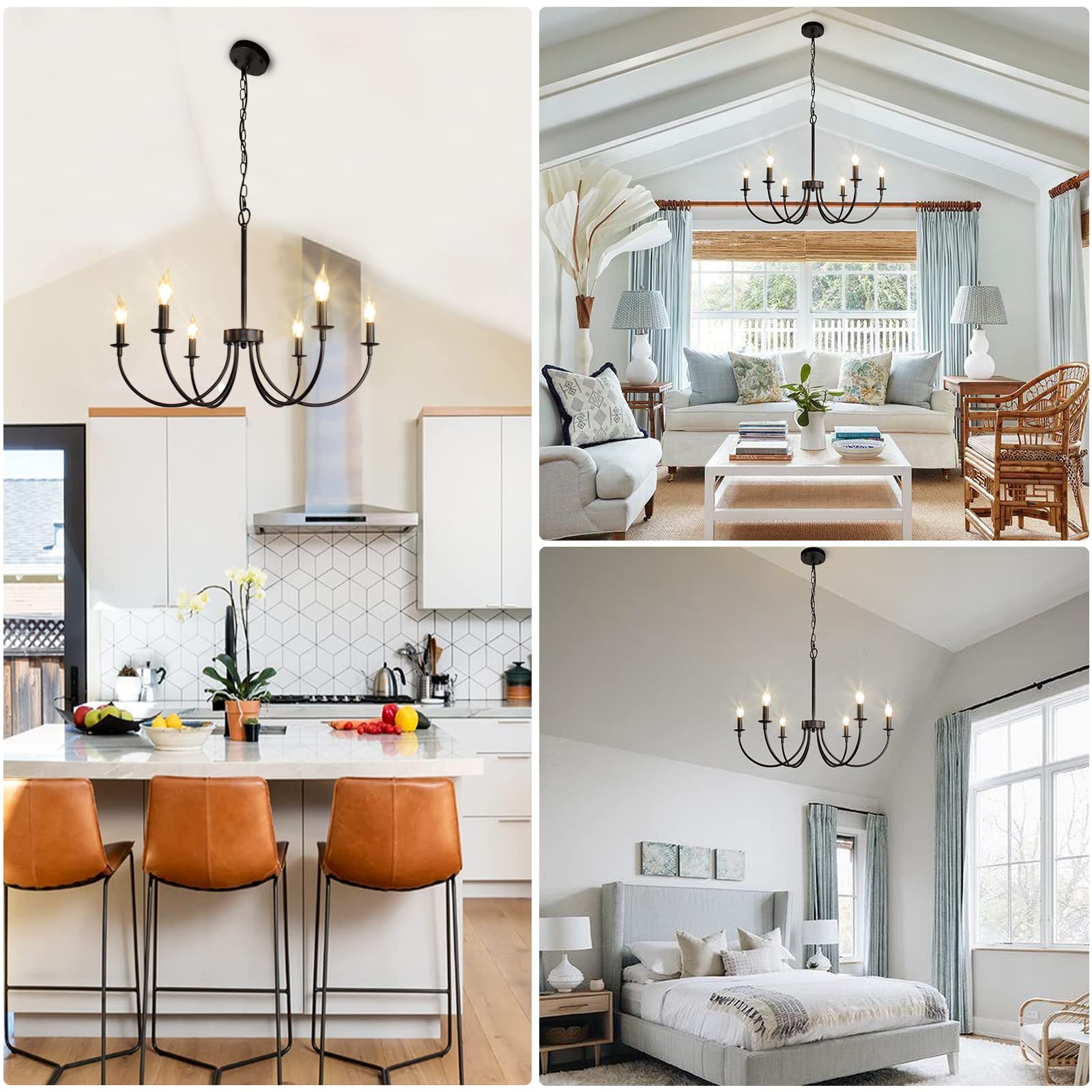 Rviezza 6-Light Farmhouse Chandelier, Black Chandeliers For Dining Room Lighting Fixtures Hanging, Classic Candle Ceiling Modern Chandeliers For Living Room, Foyer, Kitchen Island