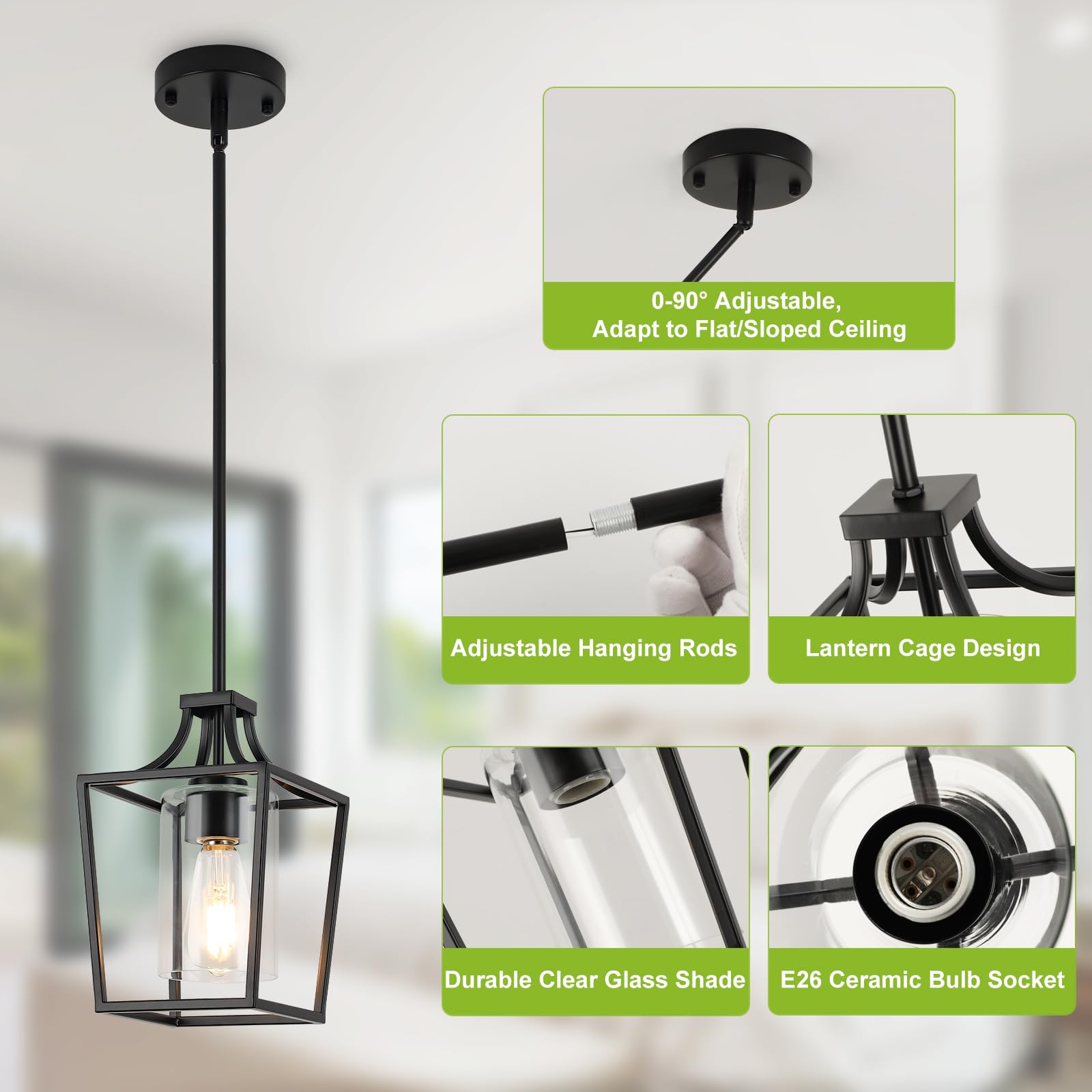 Foucasal Black Pendant Light Fixture Lantern With Clear Glass Shade, Adjustable Height Rods For Kitchen Island, Dining Room, Kit