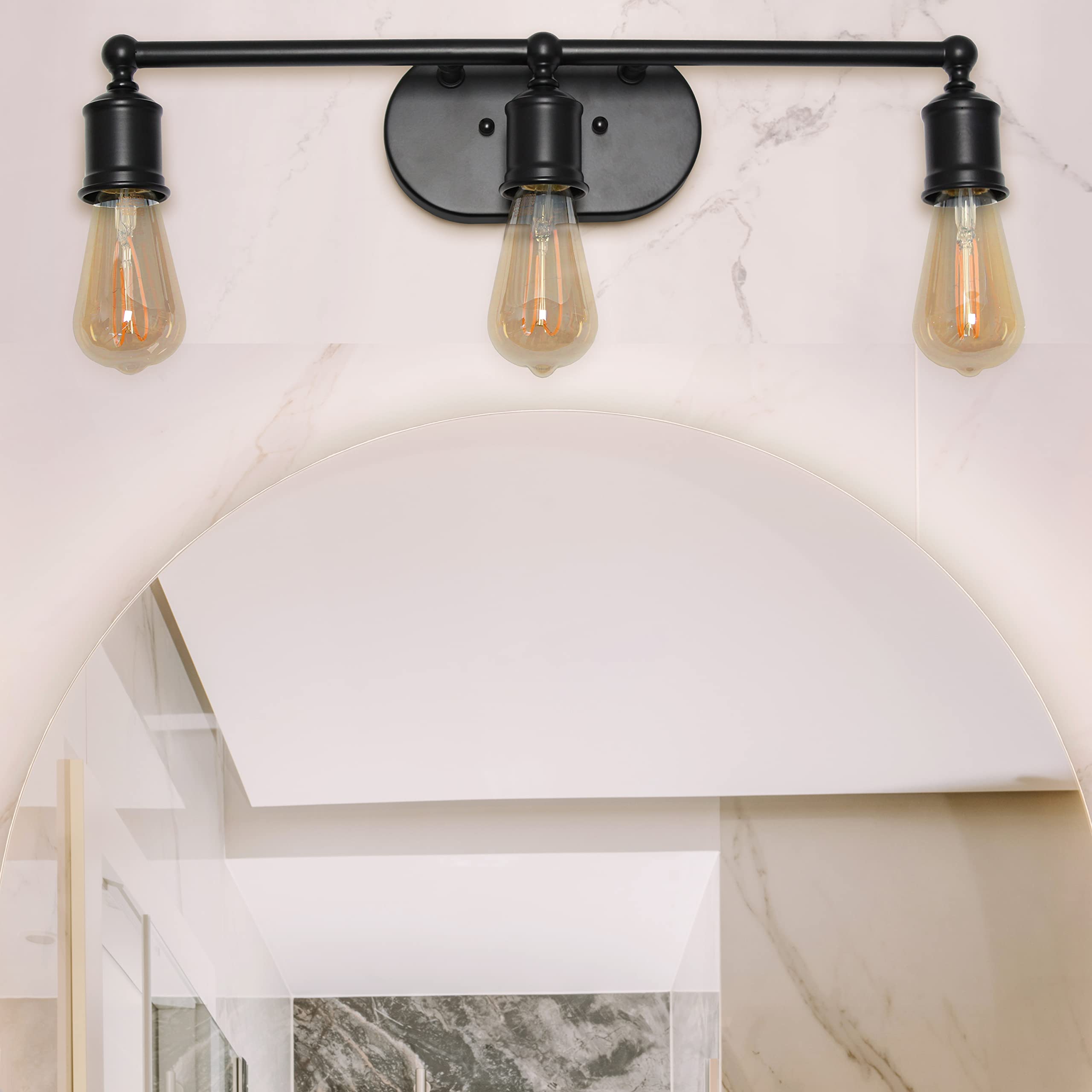 Elegant Designs VT1015-BLK Vanity Light, 3-Light, Iron, Matte Black, Exposed Edison Bulbs