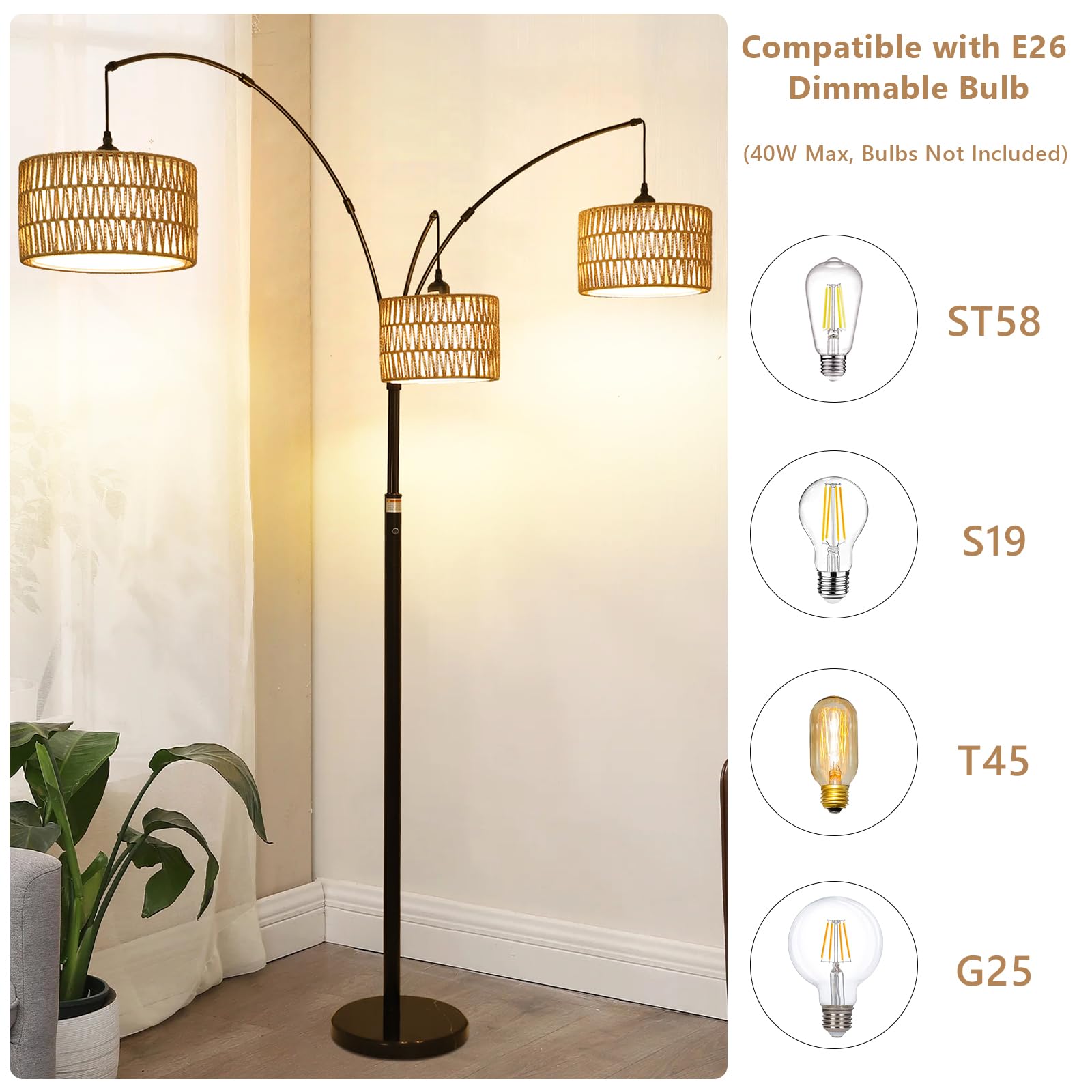 Airposta Black Arc Floor Lamp - Dimmable Rattan Shade, Industrial Style for Living Room & Office, Model 230704A1