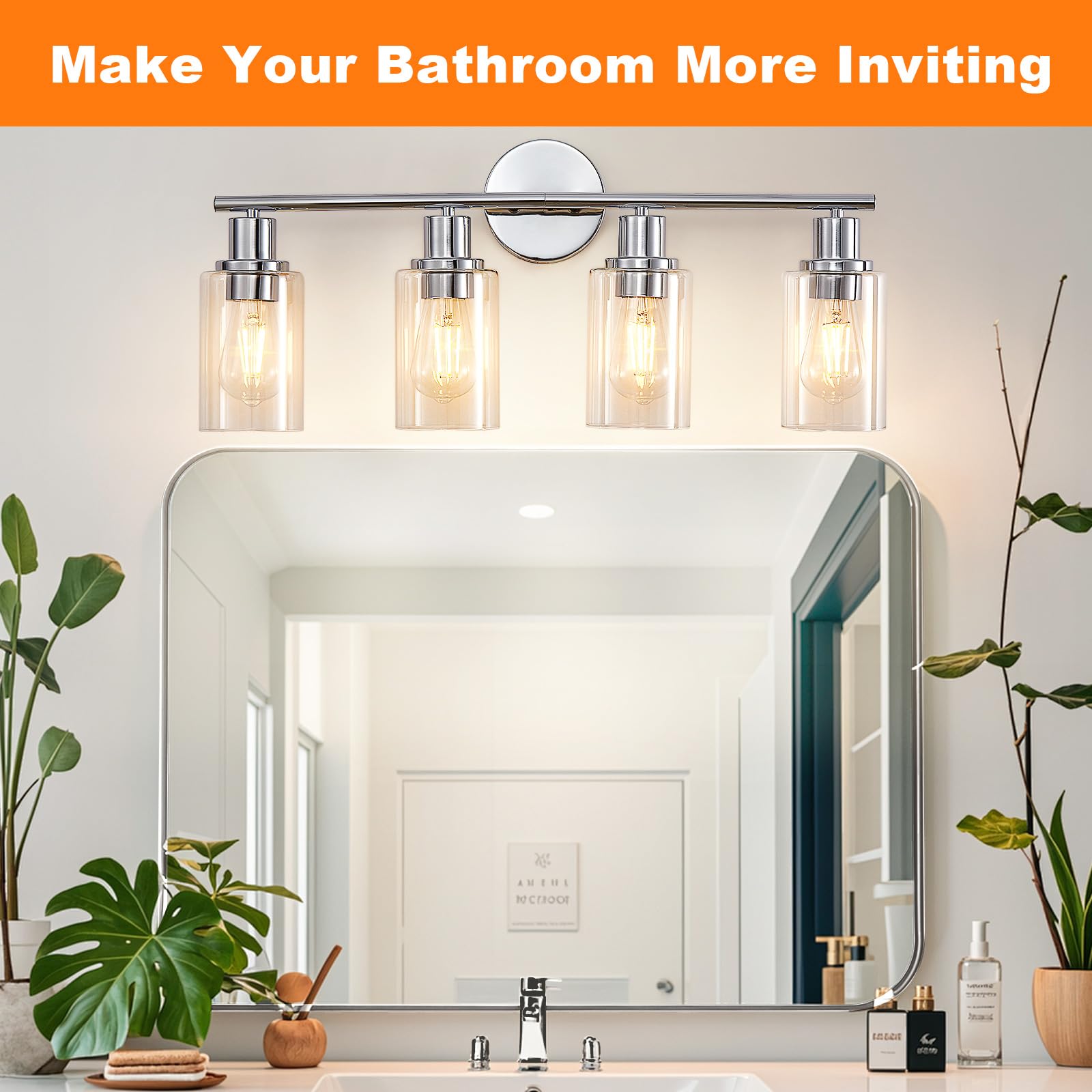 DINGLILIGHTING DLLT 4-Light Bathroom Light Fixtures - Chrome Metal Vanity Lights with Clear Glass Shade - Model DLLT-4L-C26