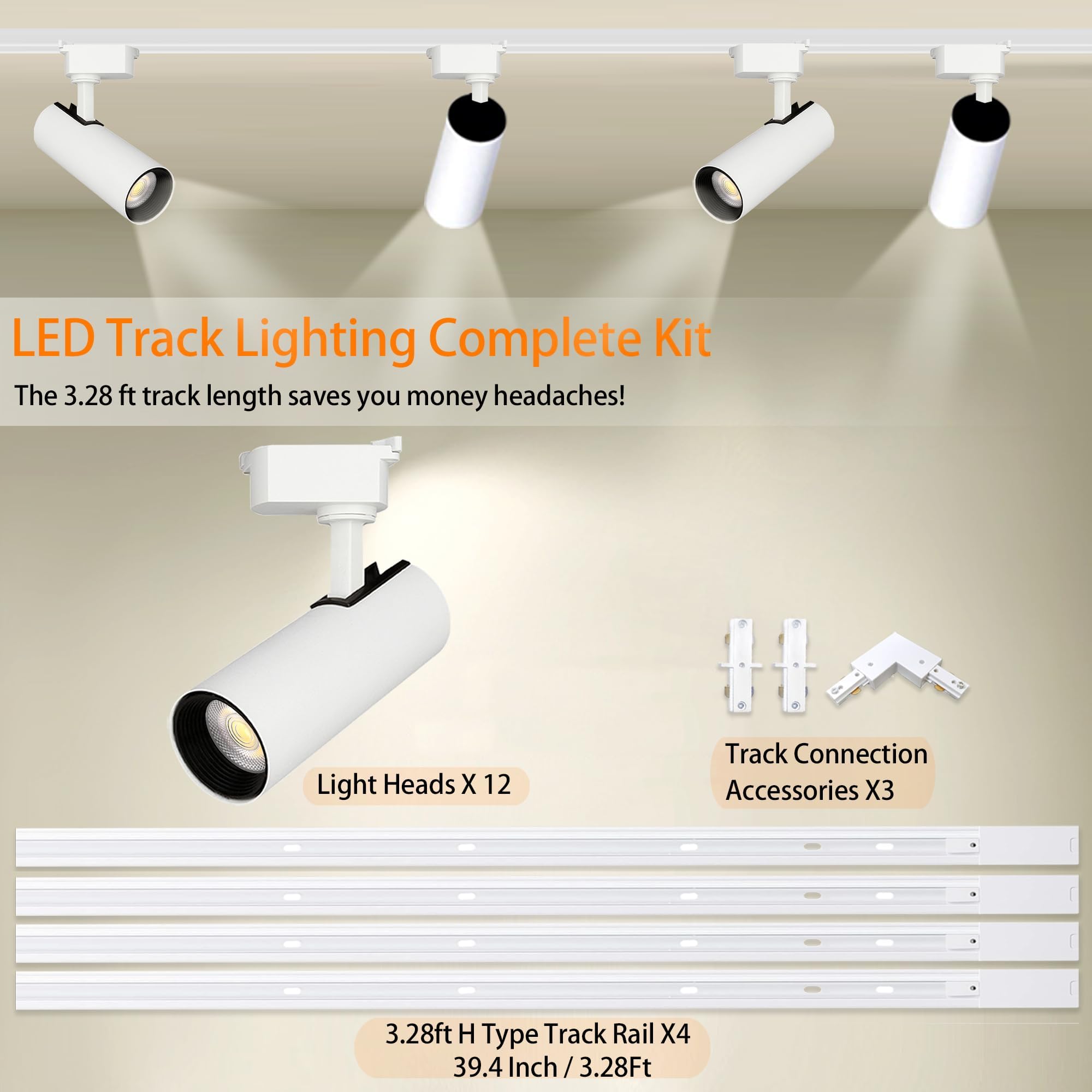 Bravsekai Ultra-Bright H Type Track Lighting Kit With 13.1 Ft Track Rails, 12 Heads 4000K Natural White 20W 2400Lm, Dimmable Plu
