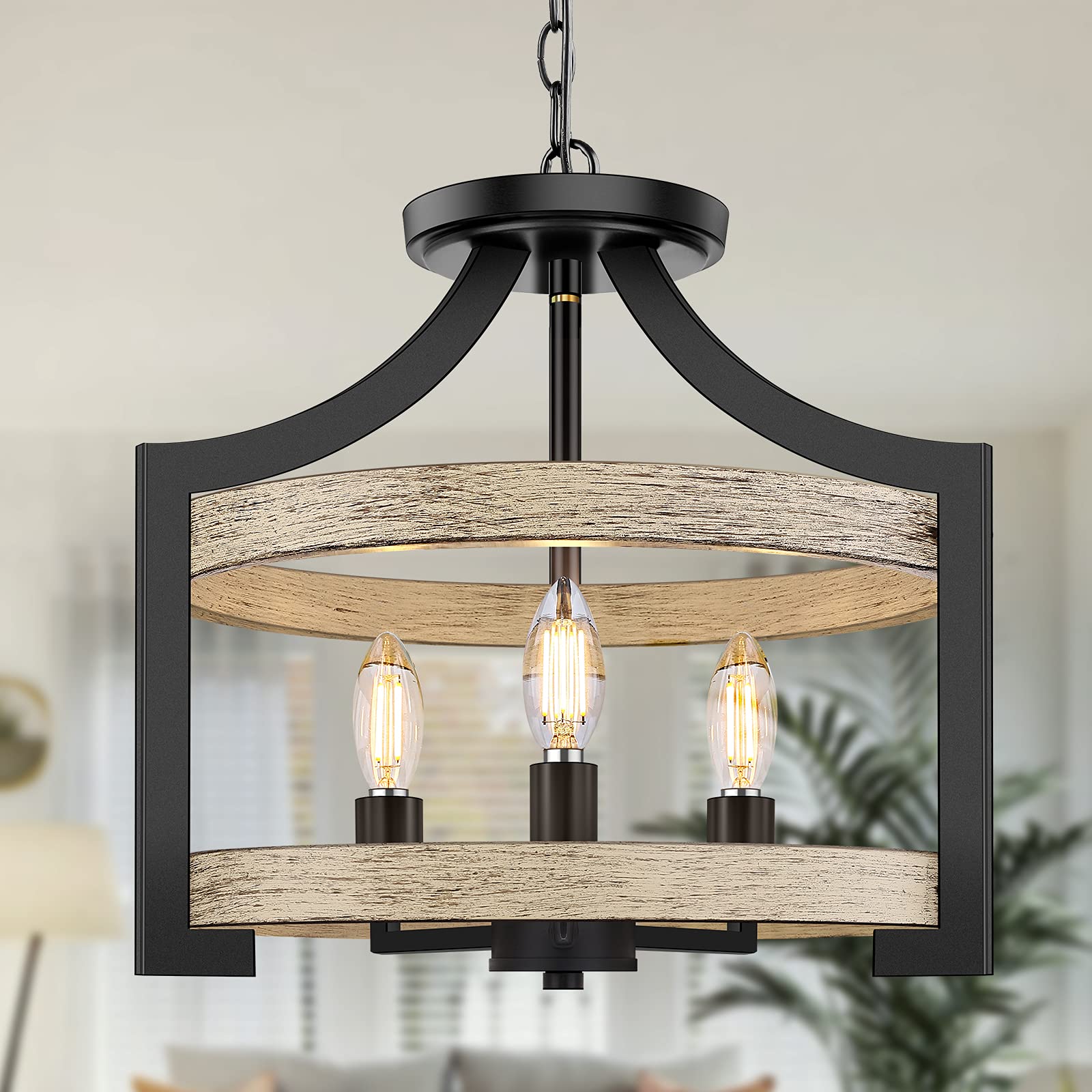 Beslowe 3-Light Rustic Farmhouse Pendant Light, Adjustable Height 68In, Black Metal Chandelier With White Birch Wood Finish