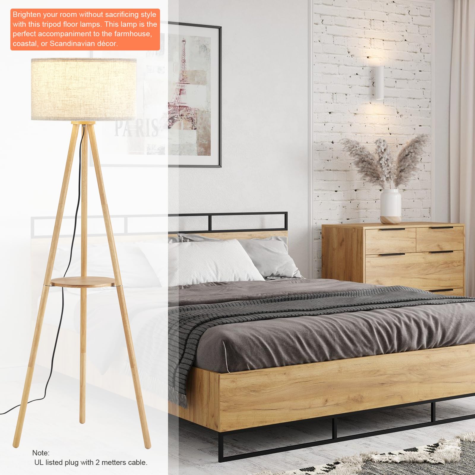 Baobab Tree Park Wood Tripod Floor Lamp With Shelf & 3 Color Temparature Led Bulb, Modern Nordic Wooden Standing Floor Lamp Line