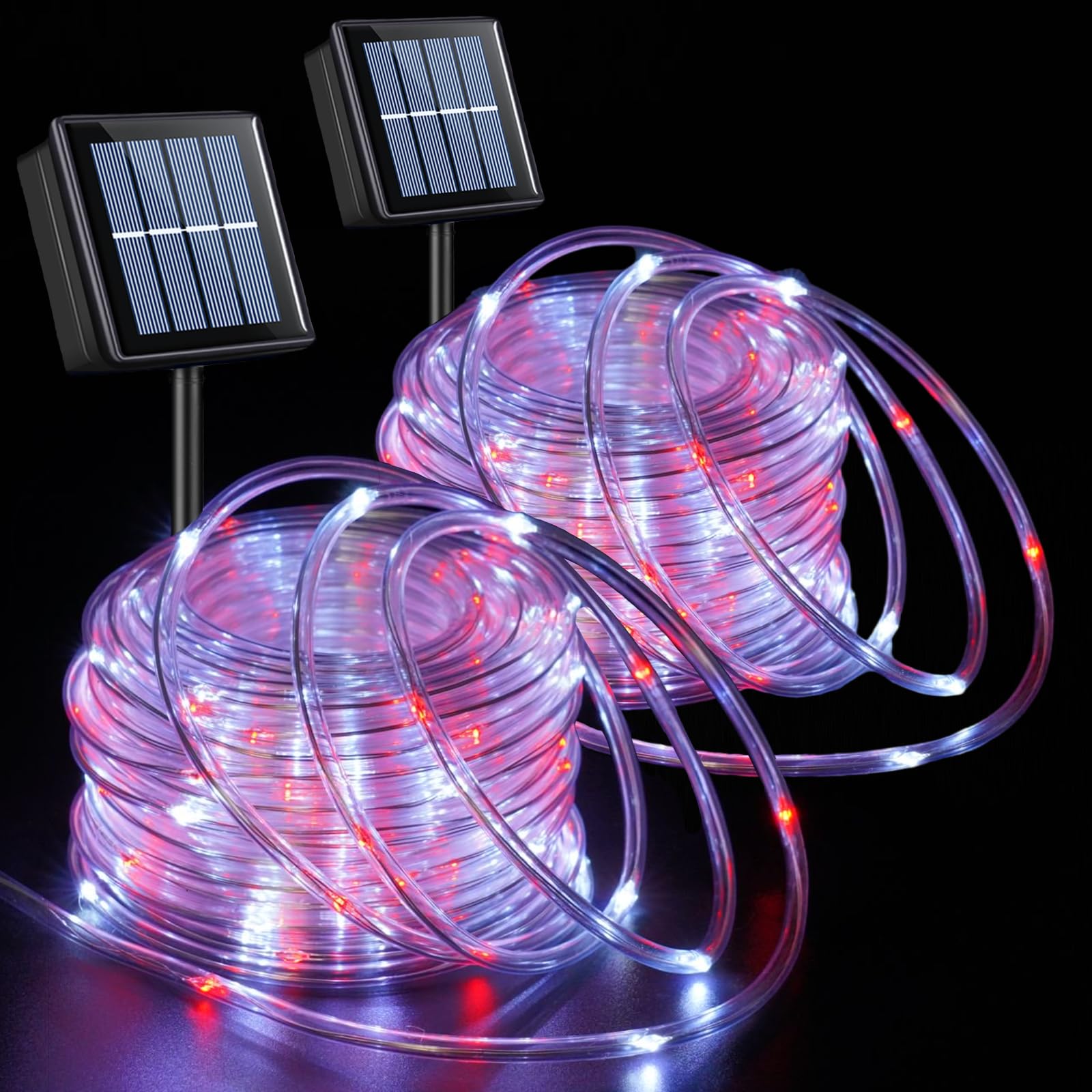 QITONG Red and White Solar Rope Lights, 2 Pack Each 33ft 100 LED Christmas String Light, 8 Modes Fairy Lights in Clear Thin Tube