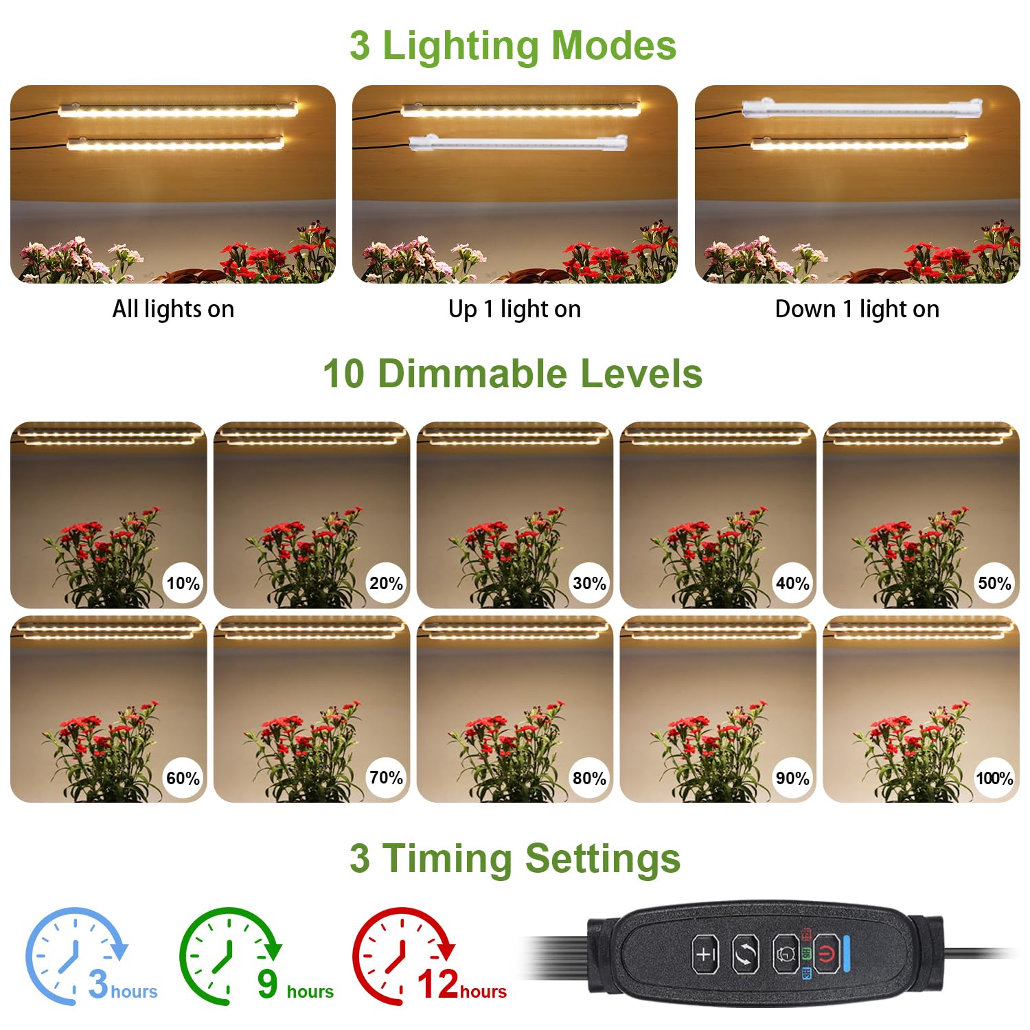 JhauvMw LED Grow Light Strips, Full Spectrum 3500K, 2 Head, Timer, Dimmable, Aluminum, 1-Pack